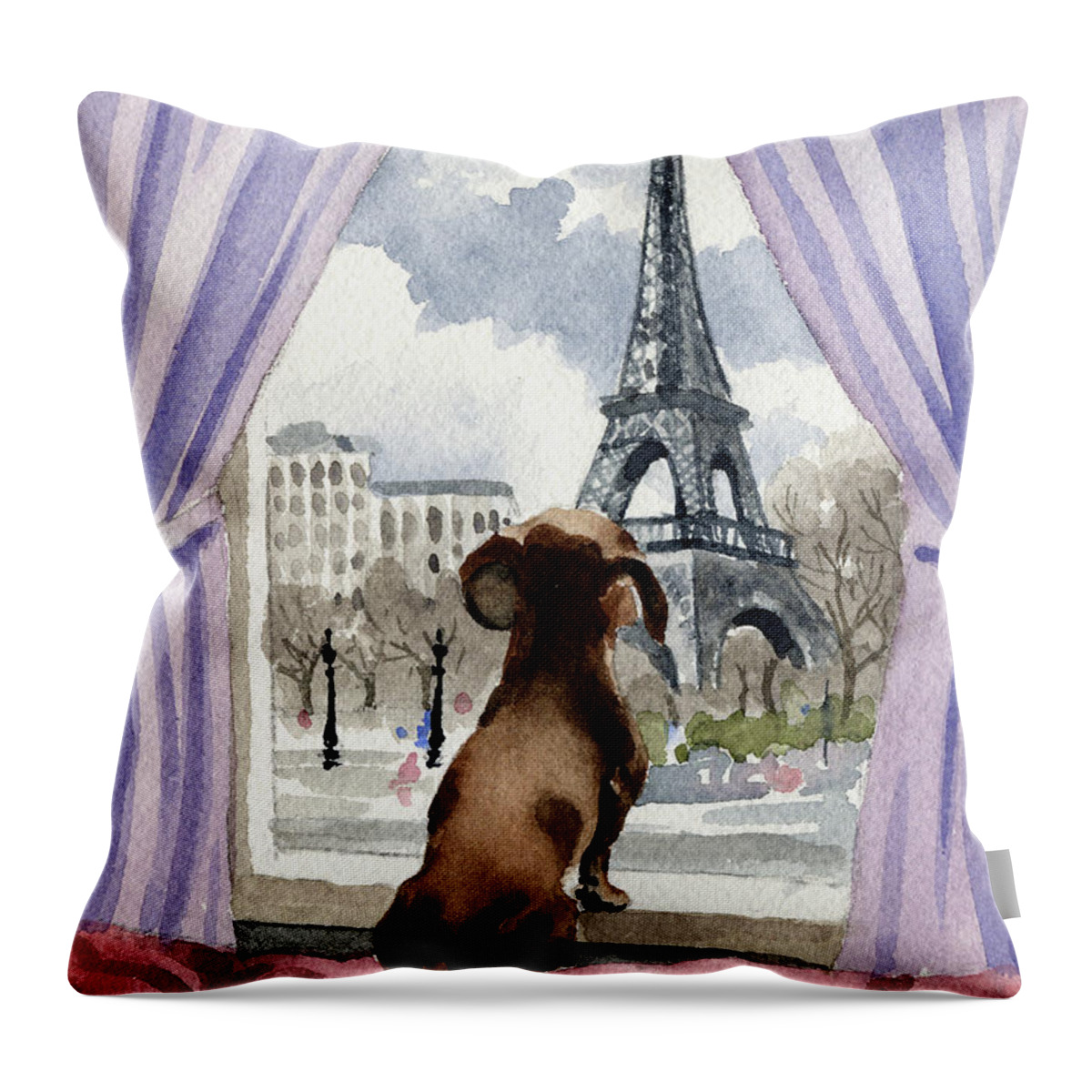 Dachshund Throw Pillow featuring the painting Dachshund in Paris #2 by David Rogers
