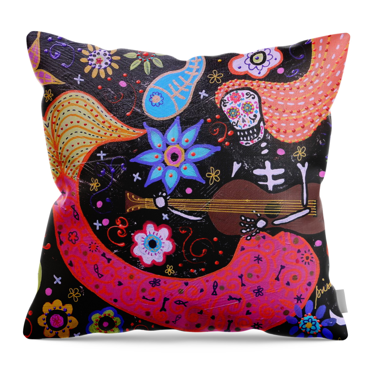 Mermaid Throw Pillow featuring the painting Day Of The Dead Mermaid #1 by Pristine Cartera Turkus