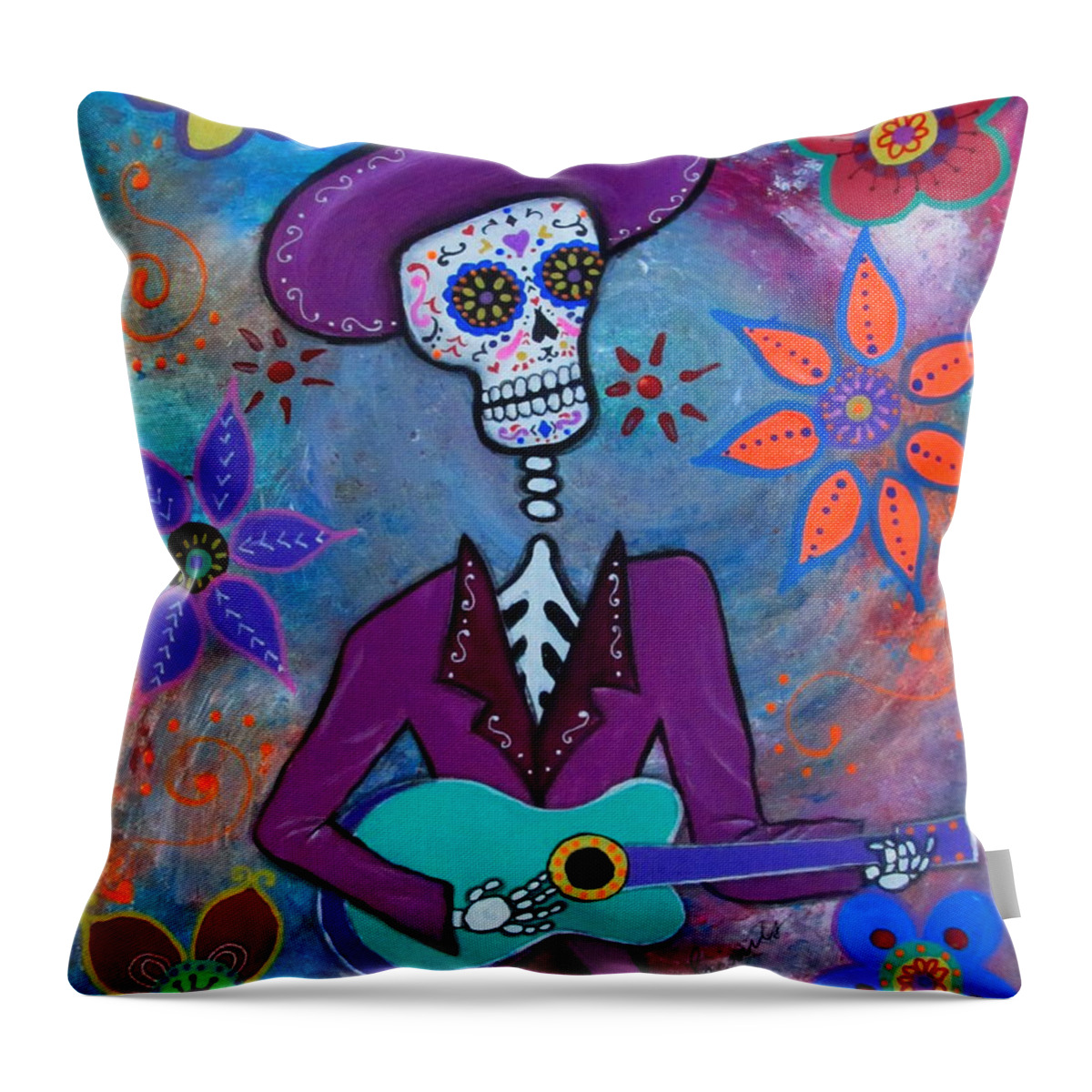 Day Of The Dead Mariachi. Original Painting Available For Sale. Throw Pillow featuring the painting Dia De Los Muertos Mariachi #1 by Pristine Cartera Turkus