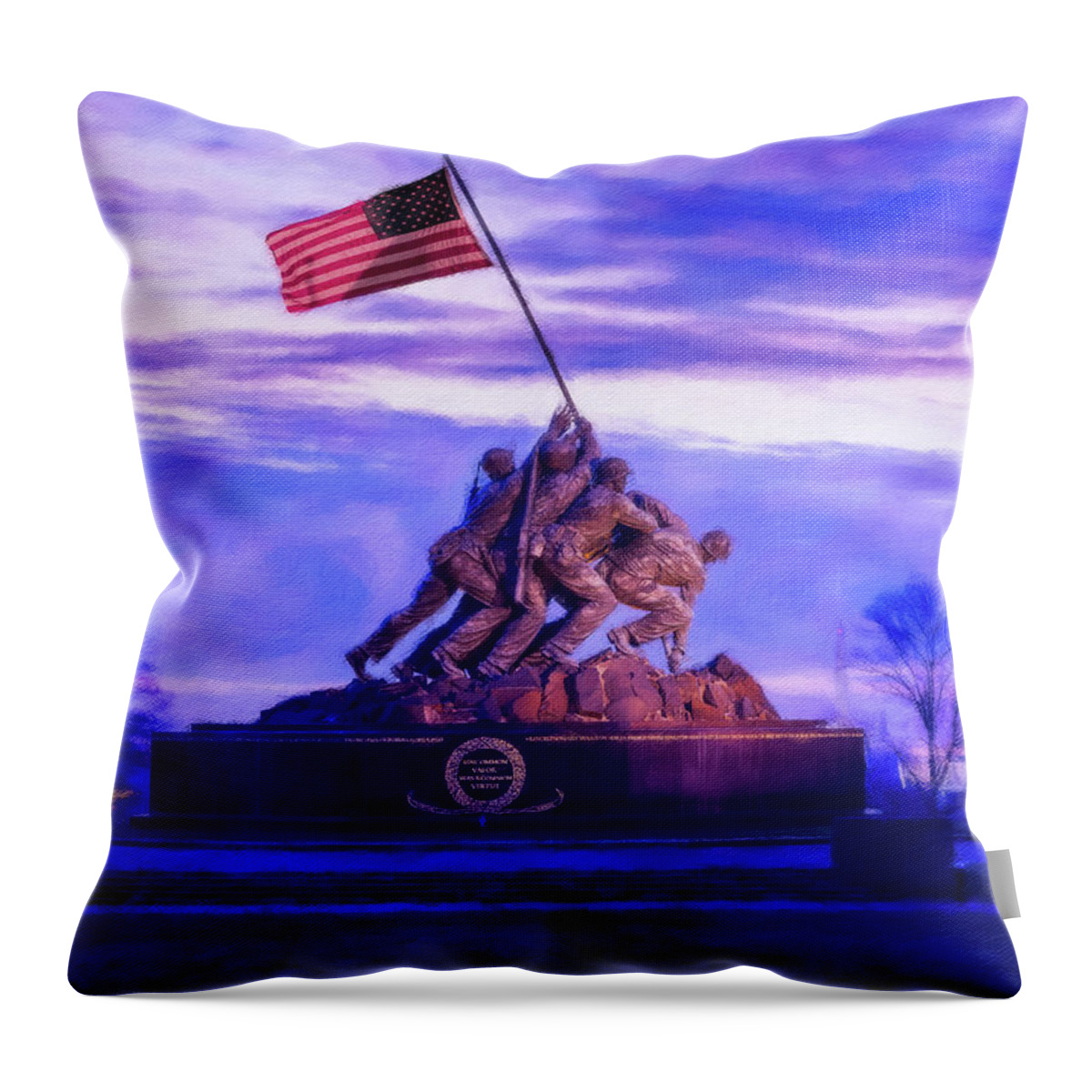 America Throw Pillow featuring the photograph Digital painting of Iwo Jima Memorial at dawn as sun rises #1 by Steven Heap