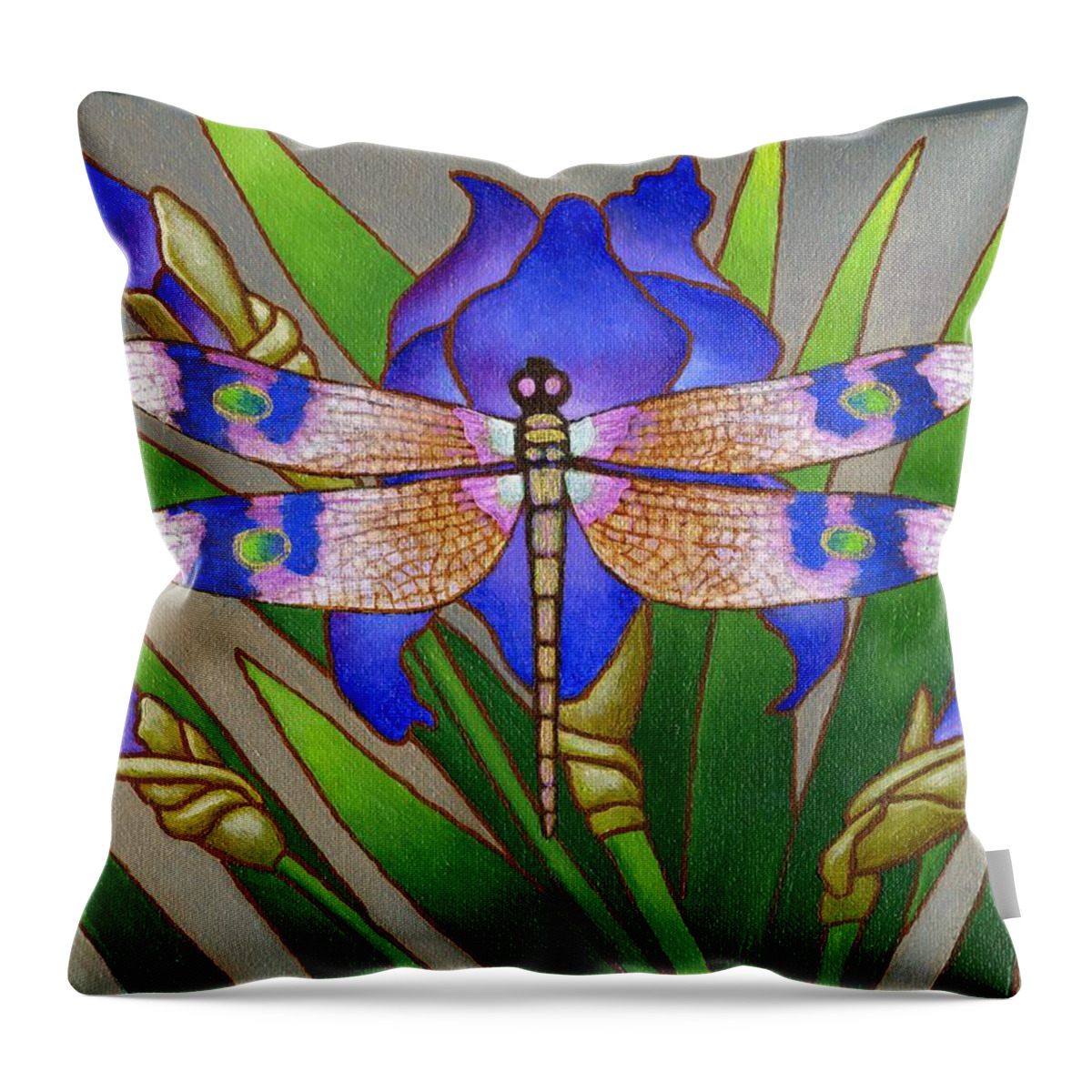 Dragonfly Throw Pillow featuring the painting Dragon Fly and Iris by Jane Whiting Chrzanoska
