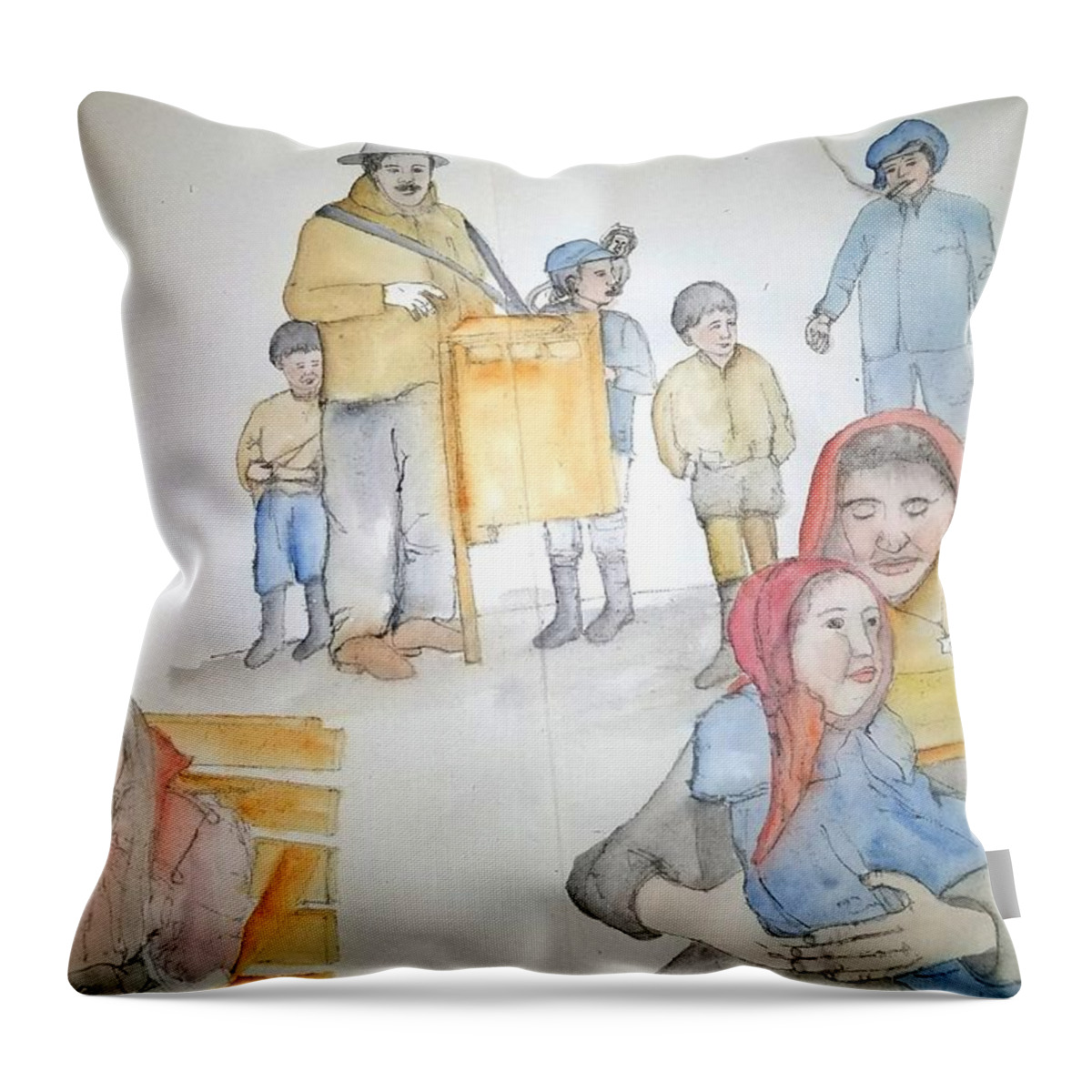 Ellis Island. Italian Immigrants. Arrive. Throw Pillow featuring the painting Ellis island and prohibition album #1 by Debbi Saccomanno Chan
