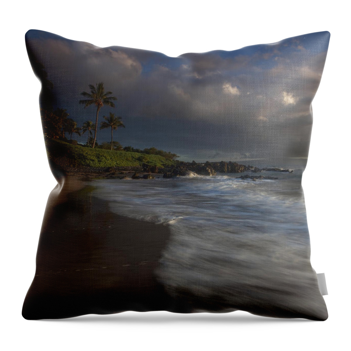 Seascape Maui Hawaii Shorebreak Palmtrees Ebb N Flow Clouds Throw Pillow featuring the photograph Evening Falls #1 by James Roemmling