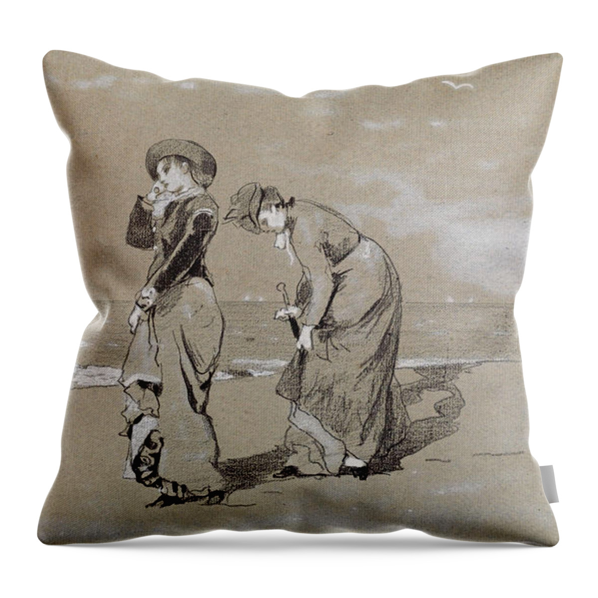 Winslow Homer Throw Pillow featuring the drawing Evening on the Beach #3 by Winslow Homer