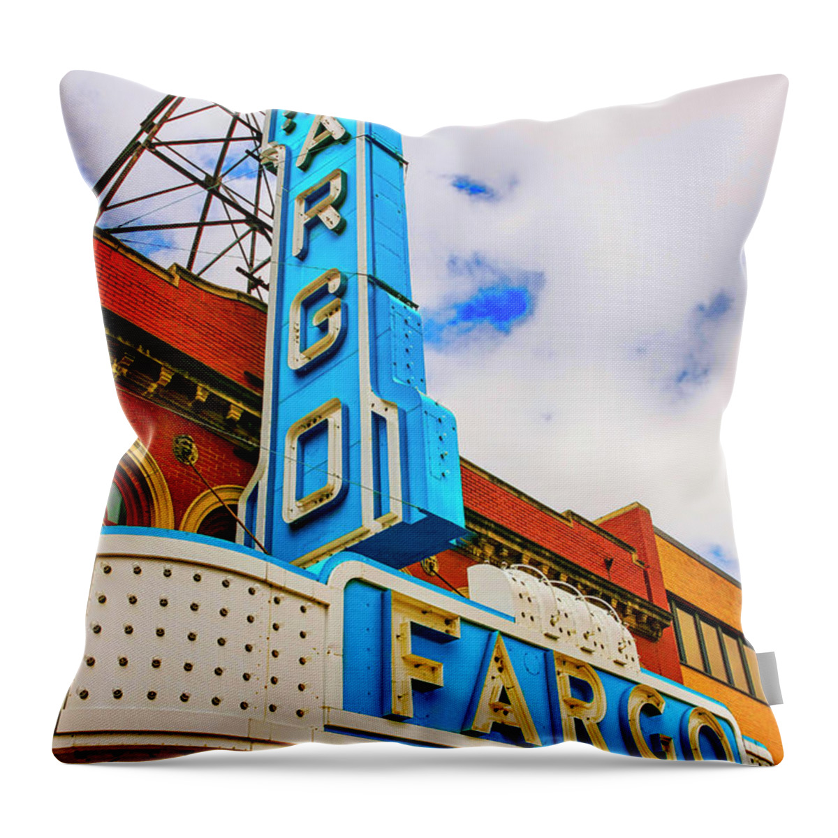 Fargo; Cinema; Blue; Overhead; Sign; City; Theater; Movie-house; Big; Screen; Film; Flicks; Motion; Pictures; Movies; Theater; Picture-show; Playhouse; Silver-screen; Centre; Performing; Arts; Hall; Locale; Site; Entertainment; Attraction; Recreation; Leisure; Lifestyles; Building; Architecture; Landmark; Nd; North; Dakota; America; Usa; Throw Pillow featuring the photograph Fargo Theater Sign #1 by Chris Smith