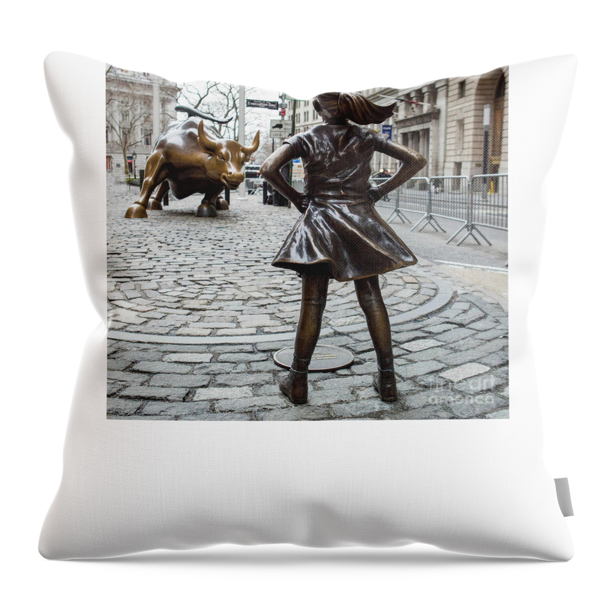 Computer Throw Pillow featuring the photograph Vintage Fearless Girl and Wall Street Bull Statue by Doc Braham