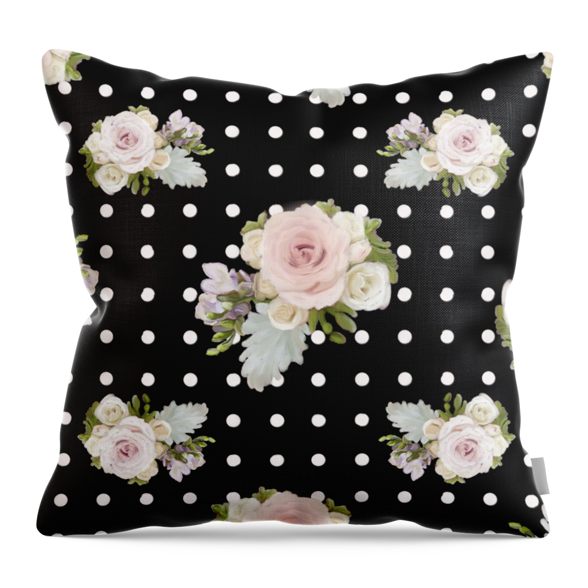 Home Decor Throw Pillow featuring the painting Floral Rose Cluster w Dot Bedding Home Decor Art #1 by Audrey Jeanne Roberts