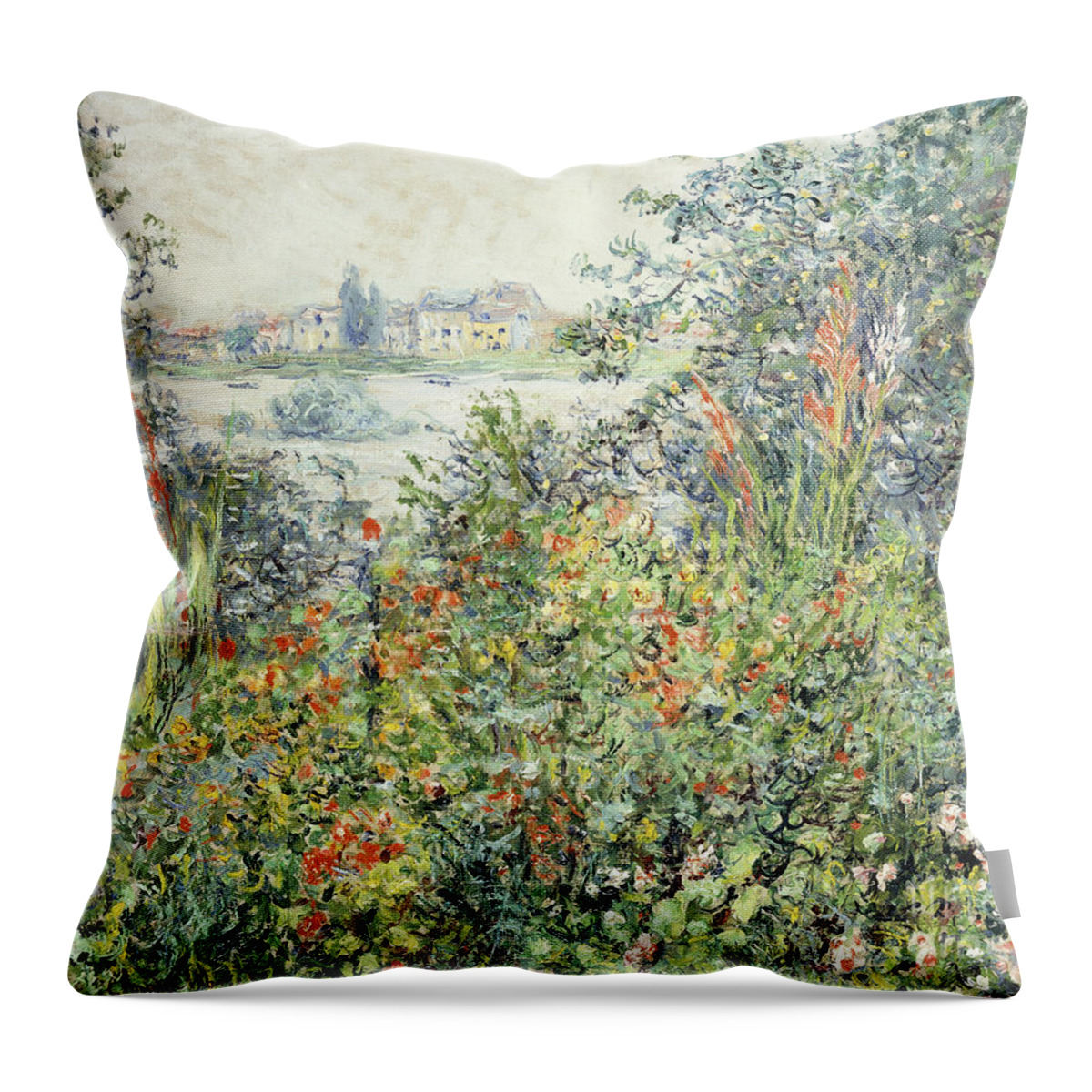 Claude Monet Throw Pillow featuring the painting Flowers at Vetheuil by Claude Monet