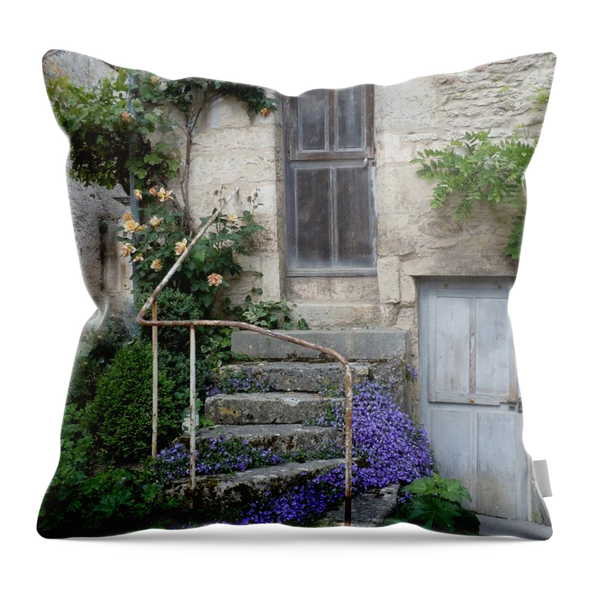 Europe Throw Pillow featuring the photograph French Staircase With Flowers by Marilyn Dunlap
