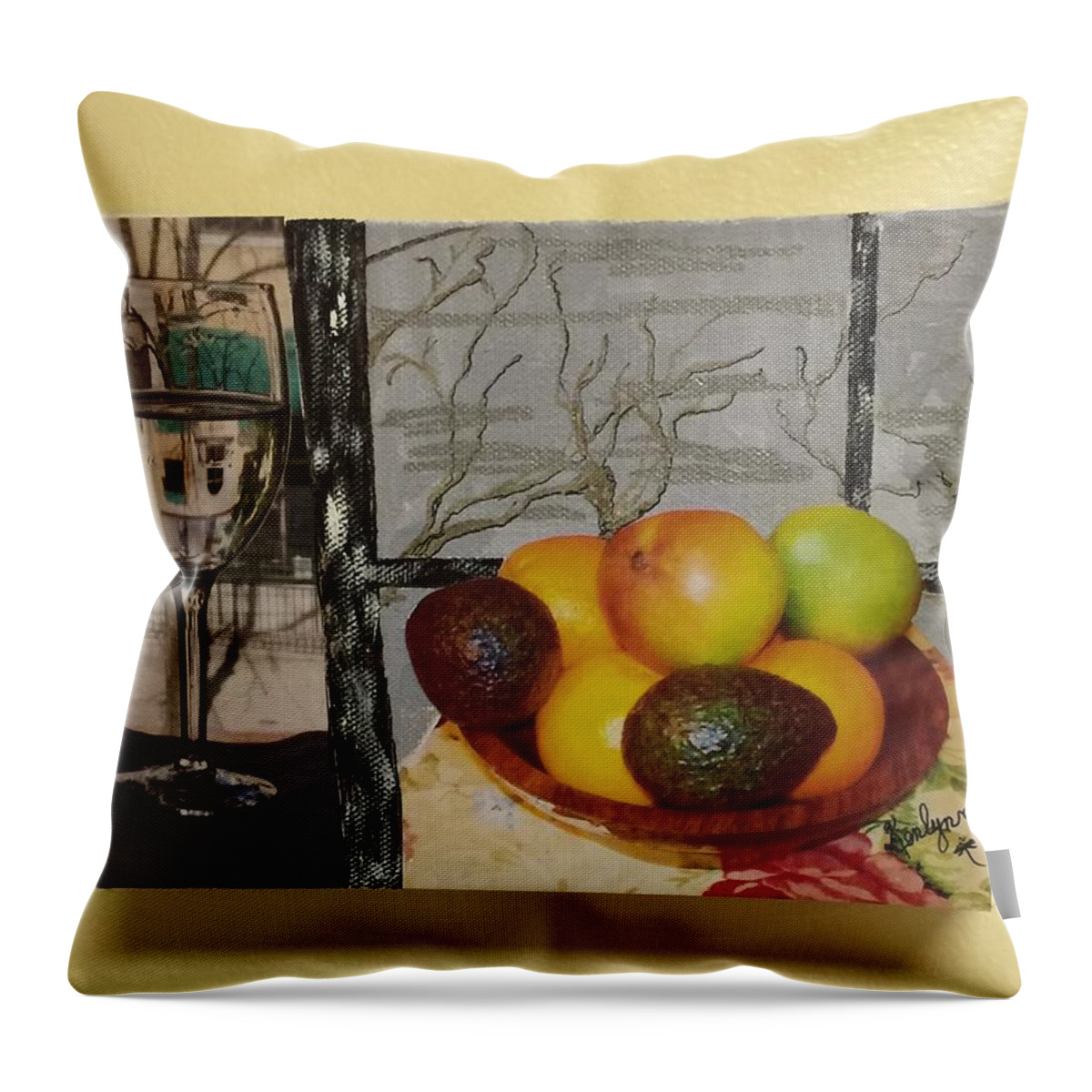 Fruit Throw Pillow featuring the photograph Fruit Bowl and Wine on a Wintry Day by Kenlynn Schroeder