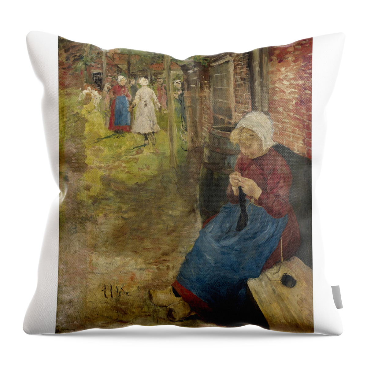 Fritz Von Uhde 1848-1911 (girl Knitting) Throw Pillow featuring the painting Girl Knitting #1 by Fritz von Uhde