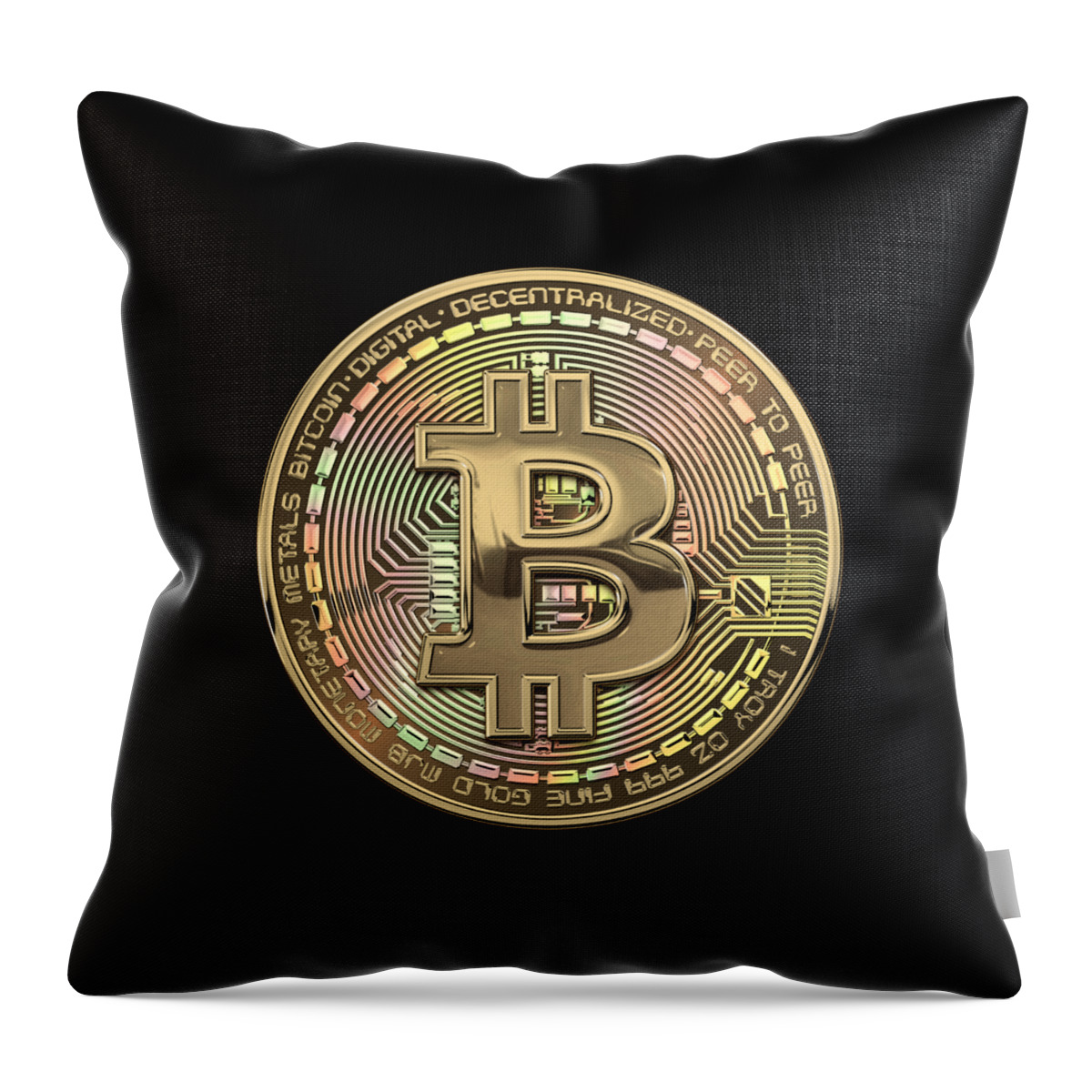 'money’ Collection By Serge Averbukh Throw Pillow featuring the photograph Gold Bitcoin Effigy over Black Canvas #2 by Serge Averbukh