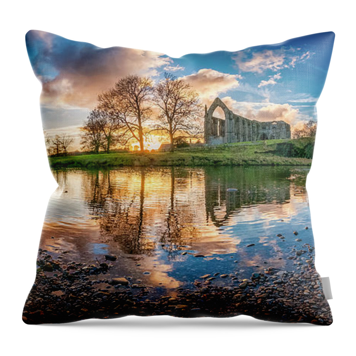 Bolton Abbey Throw Pillow featuring the photograph Golden hour by the River Wharfe #1 by Mariusz Talarek