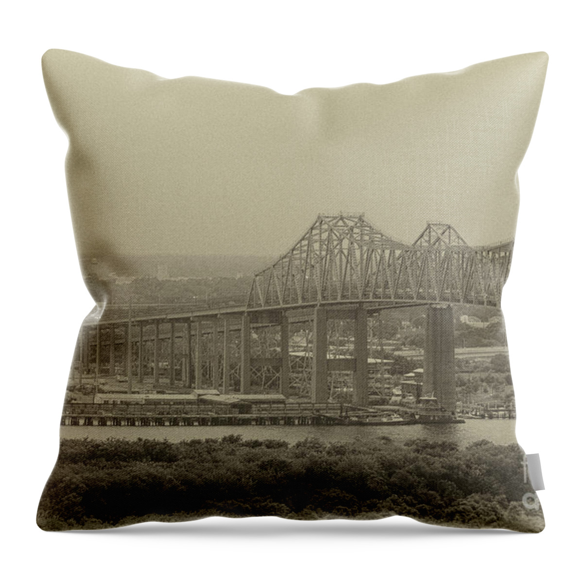 John P. Grace Memorial Bridge Throw Pillow featuring the photograph Vintage Grace and Pearman Bridges by Dale Powell