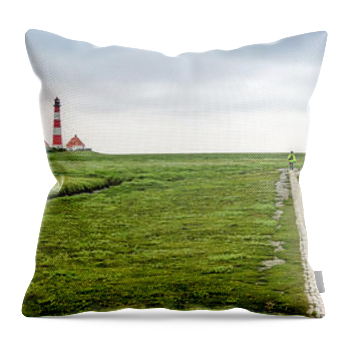 Architecture Throw Pillow featuring the photograph Green fields and romantic lighthouse #1 by JR Photography