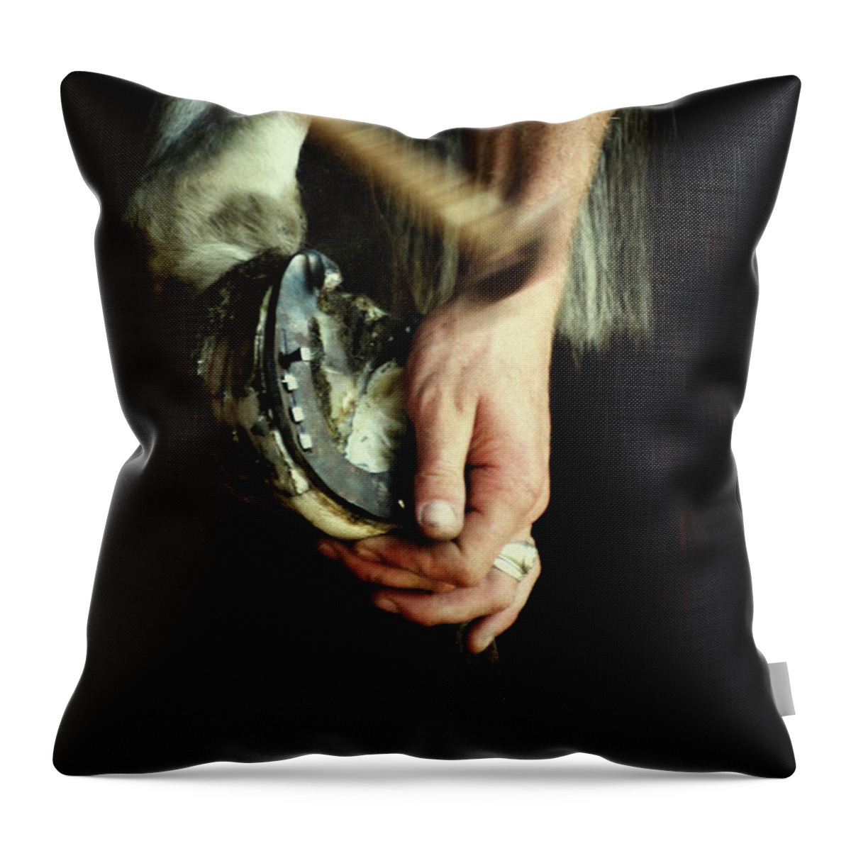 Horse Throw Pillow featuring the photograph Hammering the horseshoe - Horse photography by Dimitar Hristov