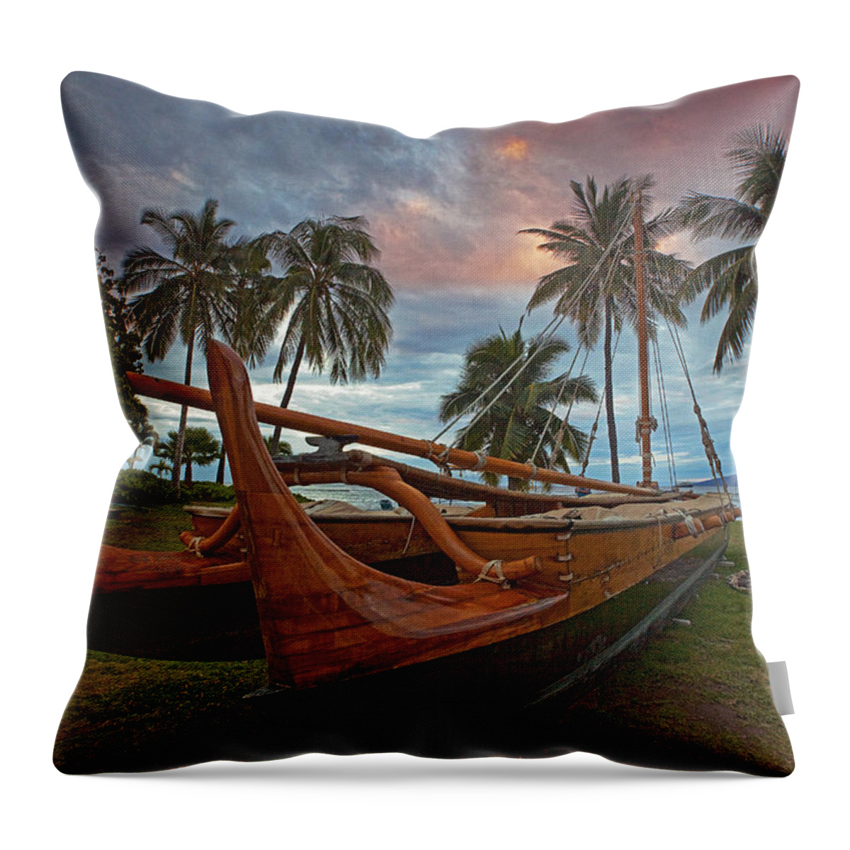 Maui Hawaii Sailing Canoe Palmtrees Sunset Throw Pillow featuring the photograph Hawaiian Sailing Canoe #1 by James Roemmling