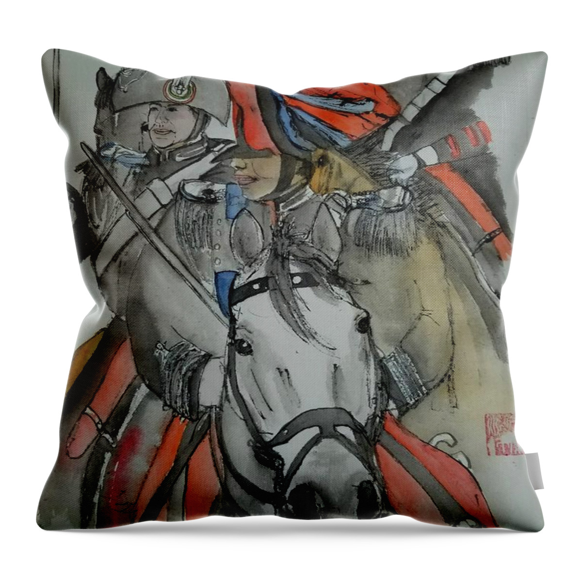 Il Palio. Siena. Italy. Horse Race. Event. Medieval Throw Pillow featuring the painting Il Palio vita album #1 by Debbi Saccomanno Chan
