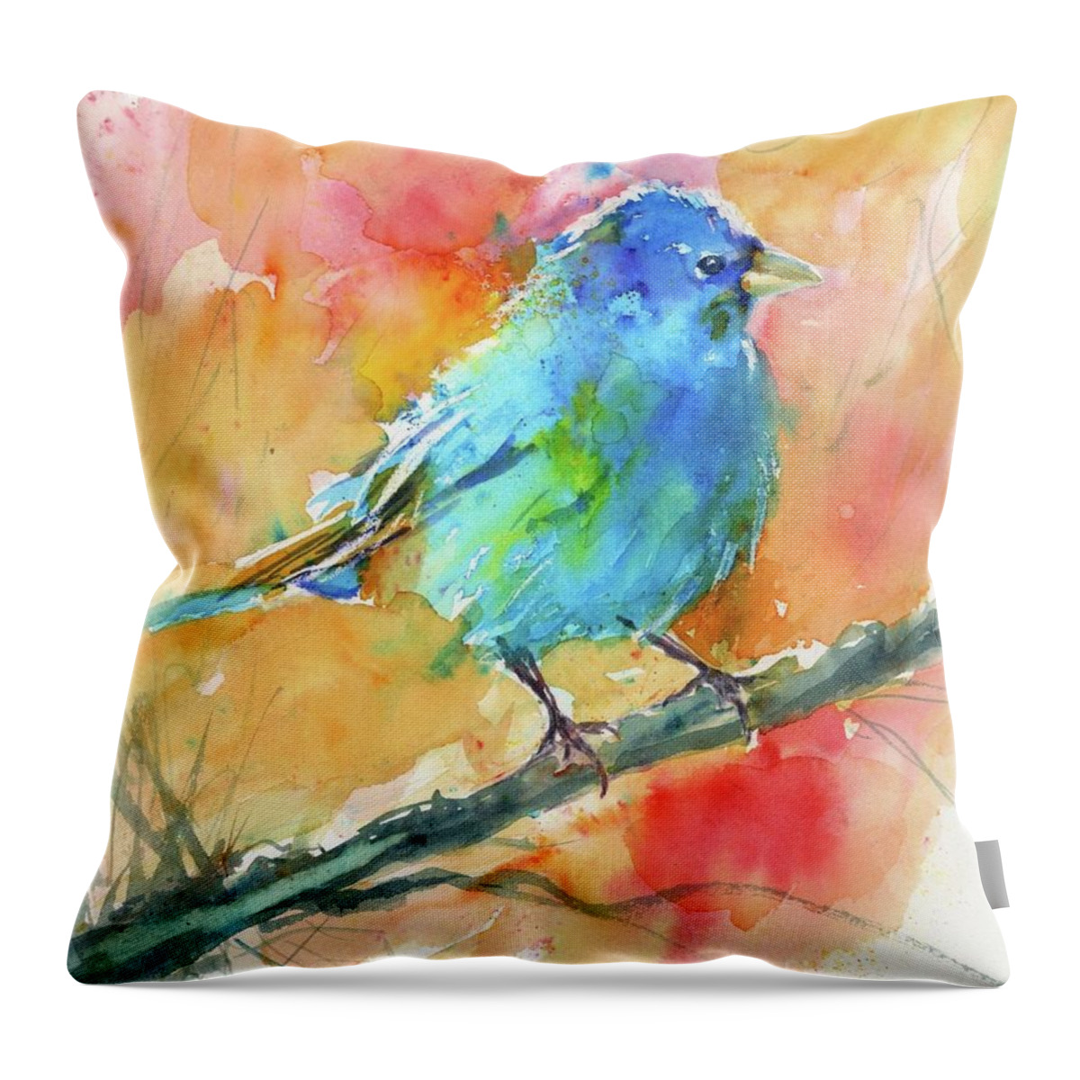Bird Throw Pillow featuring the painting Indigo Bunting by Christy Lemp