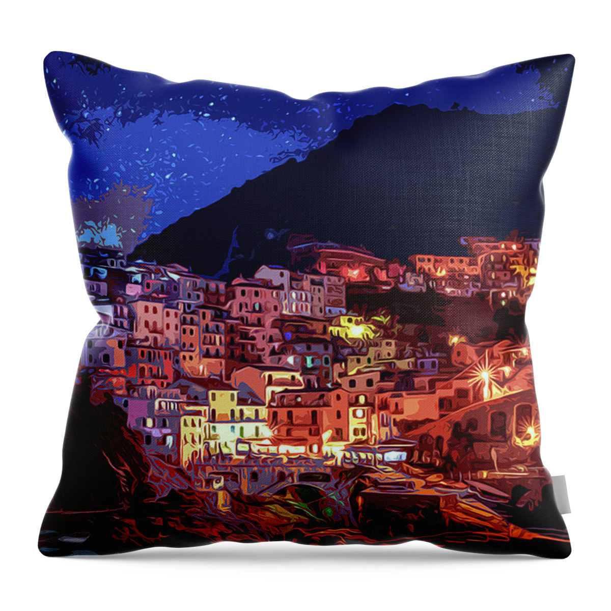 Manarola Italy Throw Pillow featuring the painting Italy, Manarola at night #1 by AM FineArtPrints