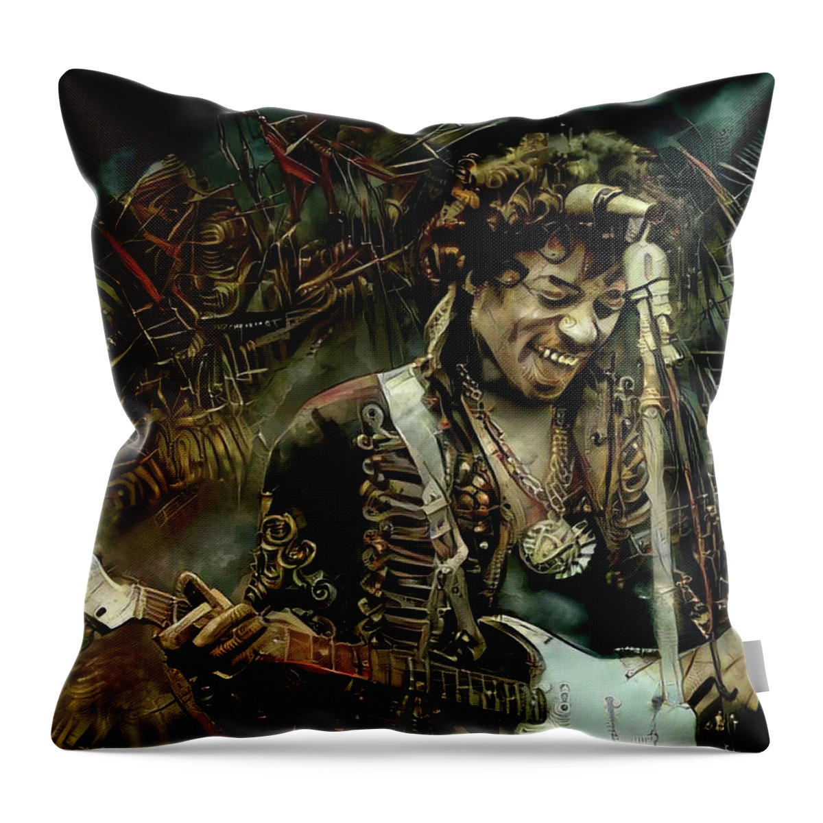 Jimi Hendrix Throw Pillow featuring the mixed media Jimi Hendrix Steampunk style #2 by Lilia S