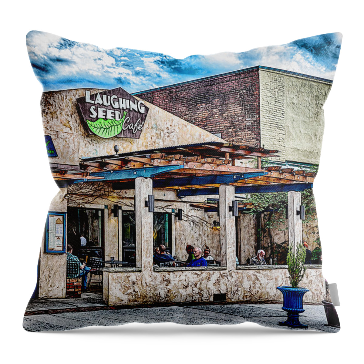 Asheville Throw Pillow featuring the digital art Laughing Seed Cafe #1 by John Haldane