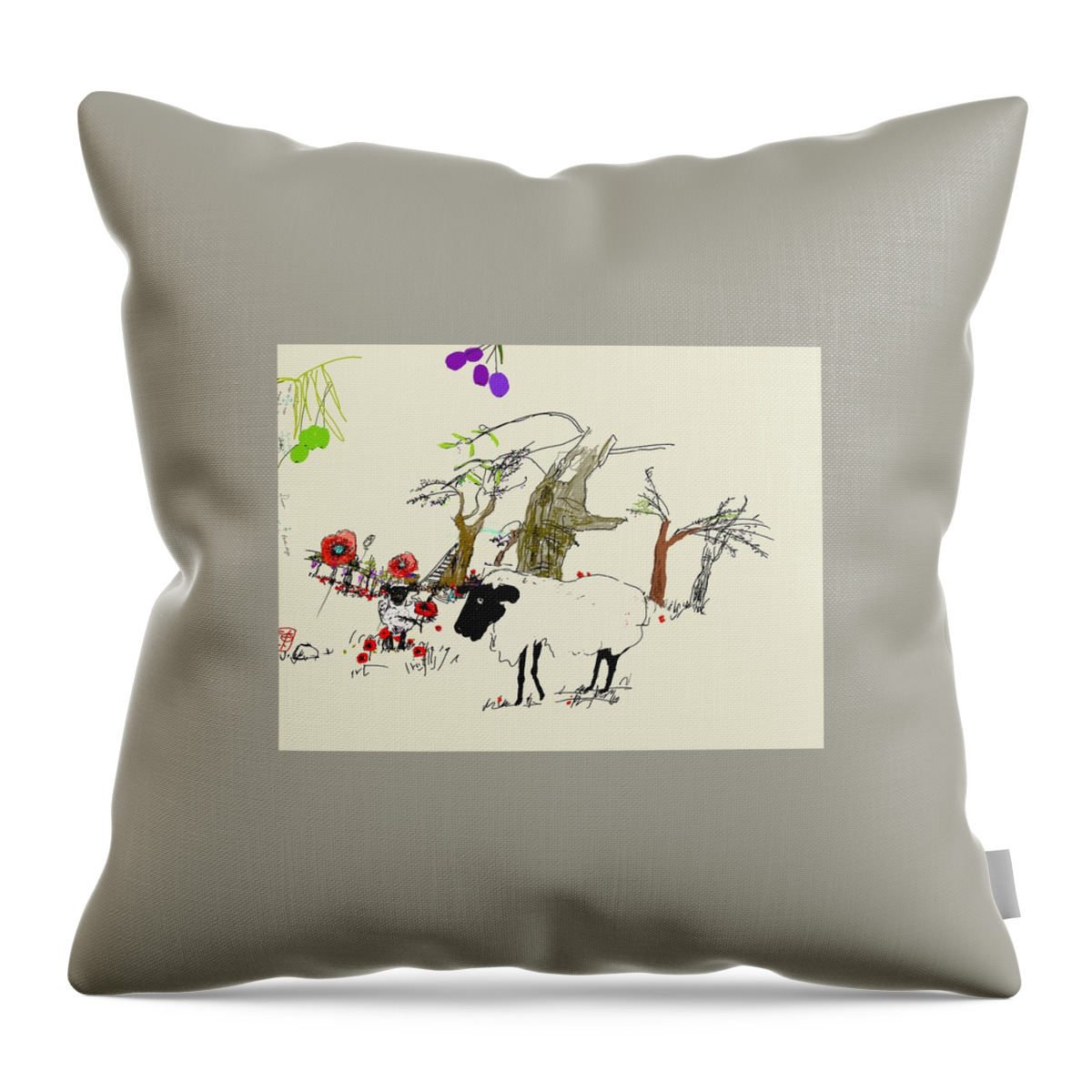 Italy. Landscape. Sheep. Olive Grove Throw Pillow featuring the digital art little piece of Italy #1 by Debbi Saccomanno Chan