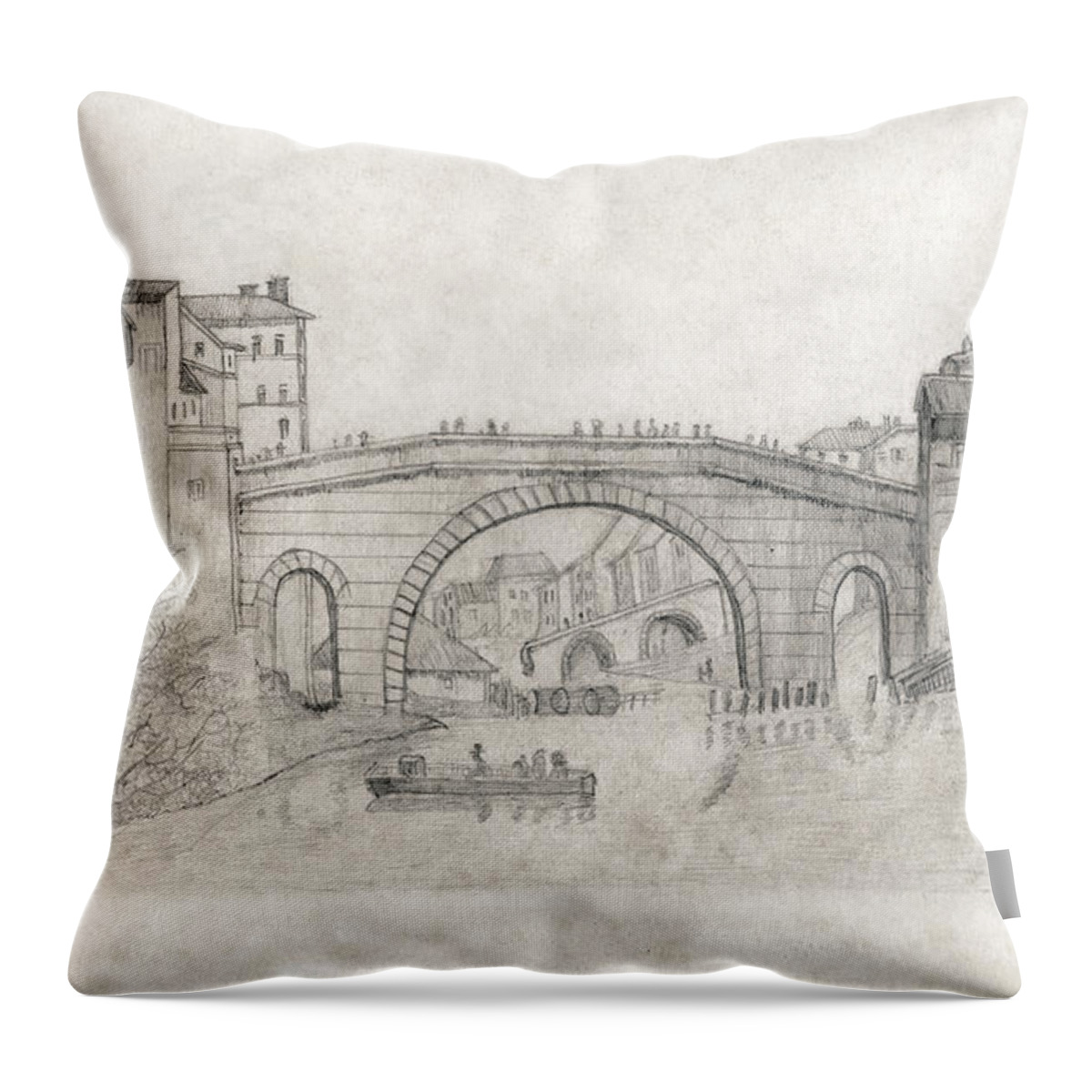 Liverpool Throw Pillow featuring the drawing Liverpool Bridge #1 by Donna L Munro