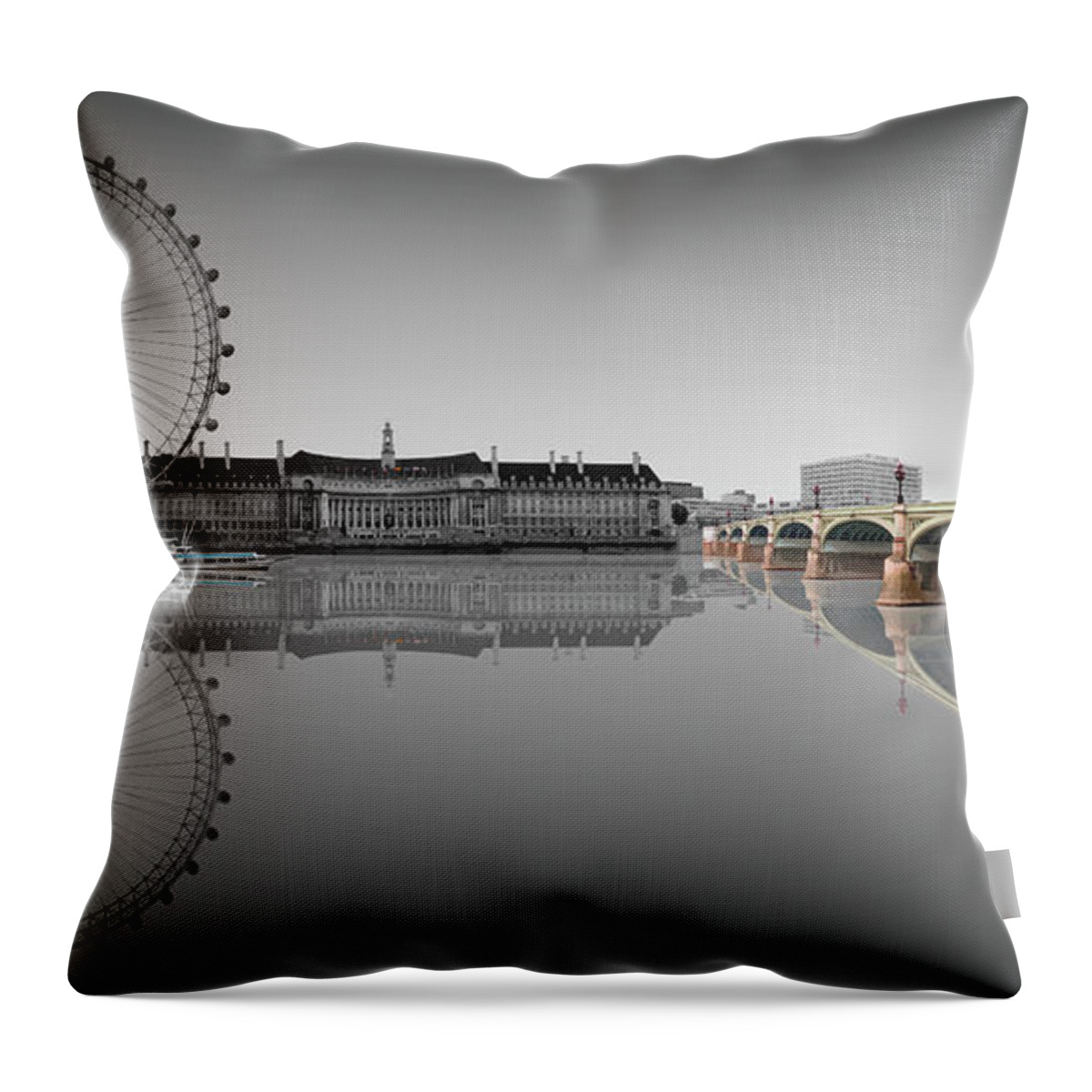 London Eye Westminster Bridge Reflection Black And White Throw Pillow featuring the digital art London Eye Westminster Bridge Reflection Black and White by Joe Tamassy