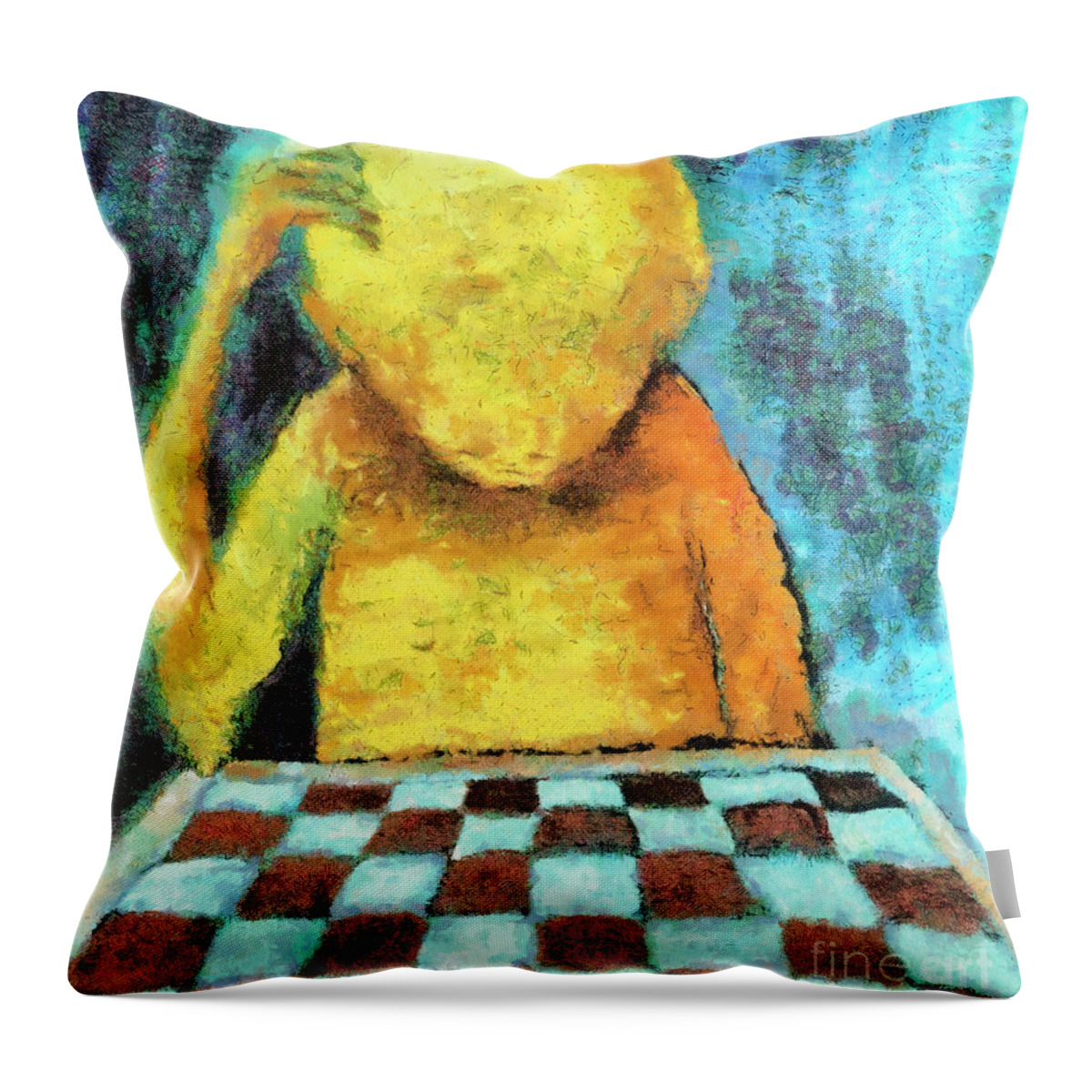 Chess Throw Pillow featuring the painting Lonesome chess player #1 by Michal Boubin
