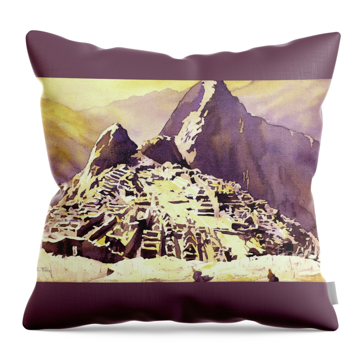 Sacred Valley Throw Pillow featuring the painting Machu Picchu Sunset #2 by Ryan Fox
