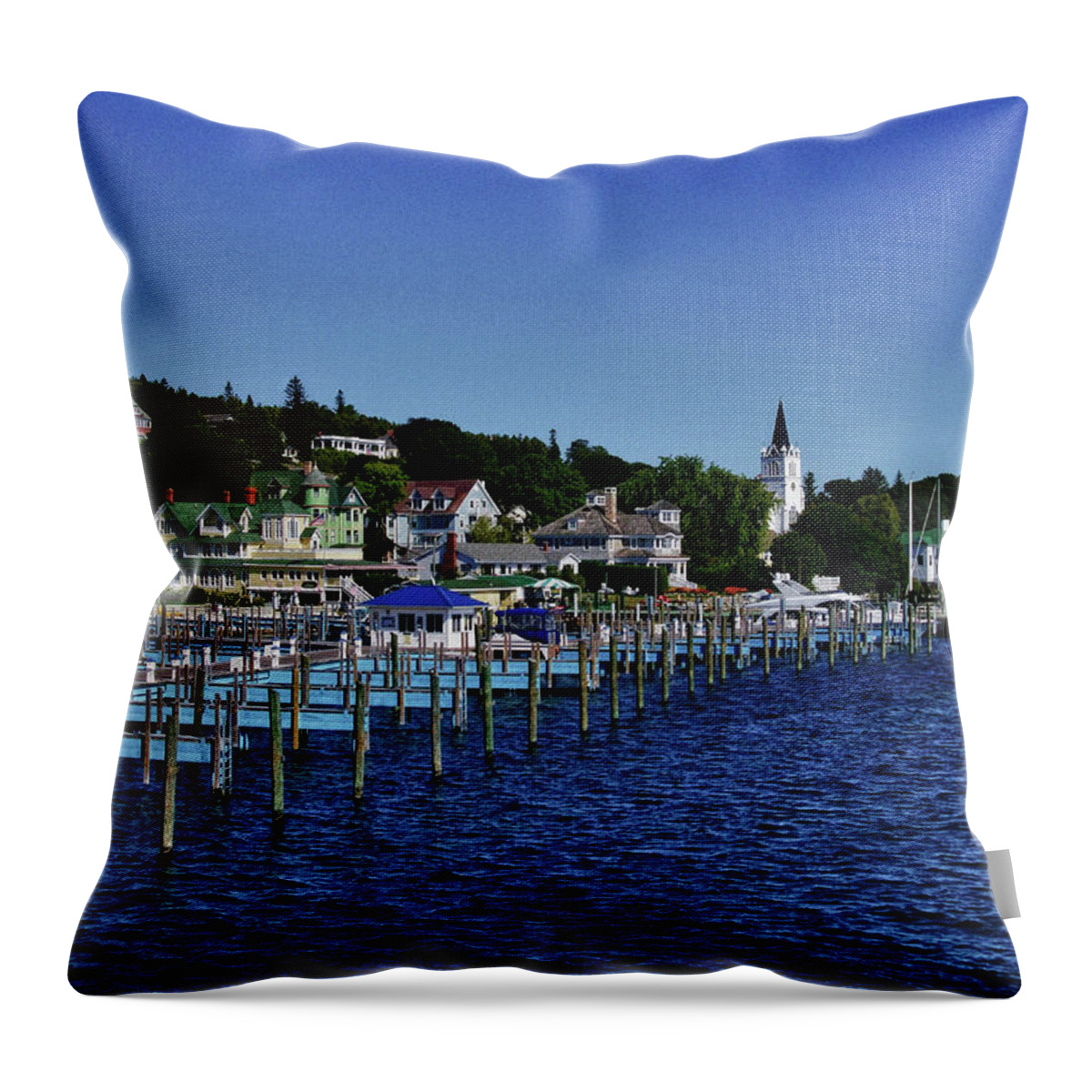 Mackinac Island Michigan Throw Pillow featuring the photograph Mackinac by the Docks #1 by Rachel Cohen