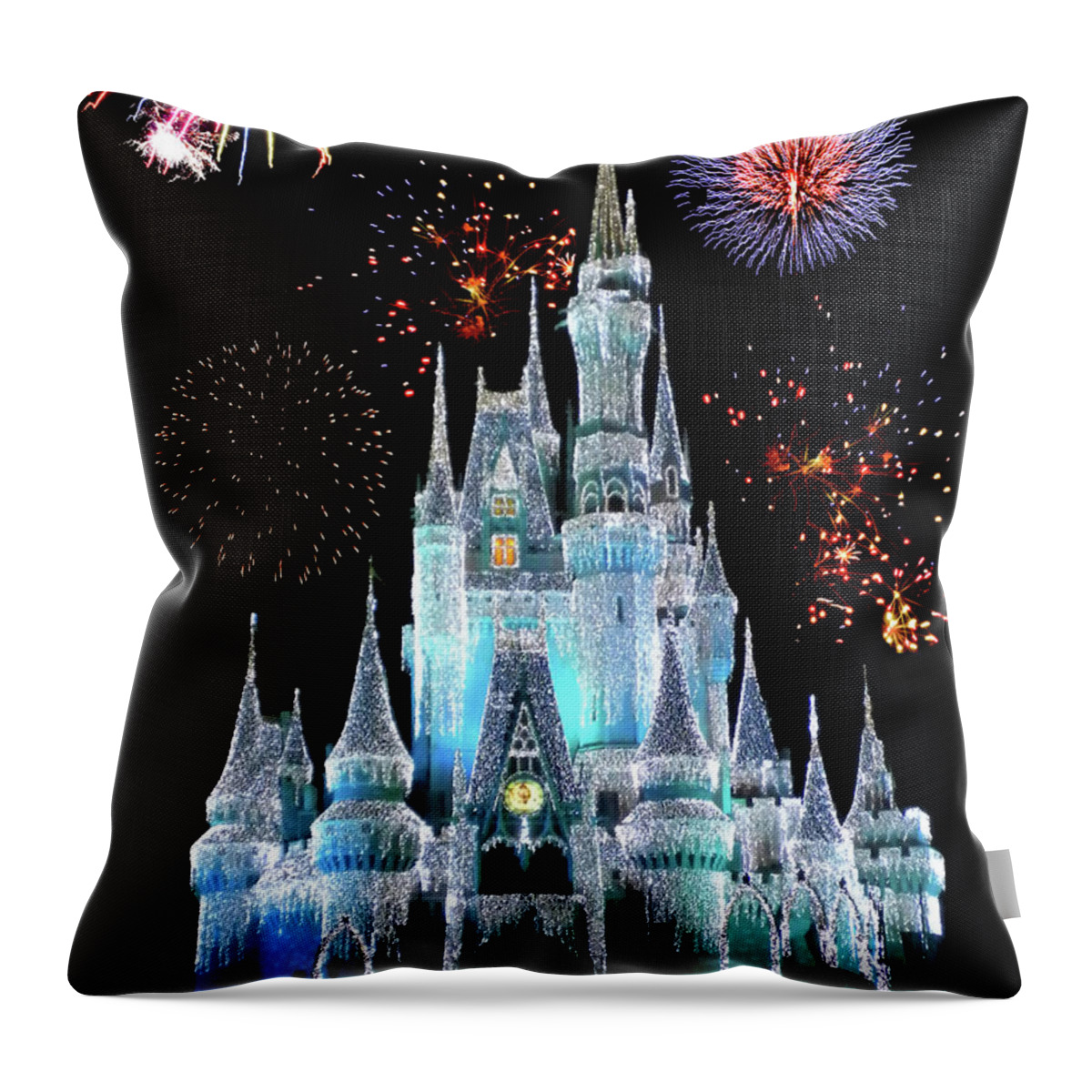 Castle Throw Pillow featuring the photograph Magic Kingdom Castle In Frosty Light Blue with Fireworks 06 MP by Thomas Woolworth