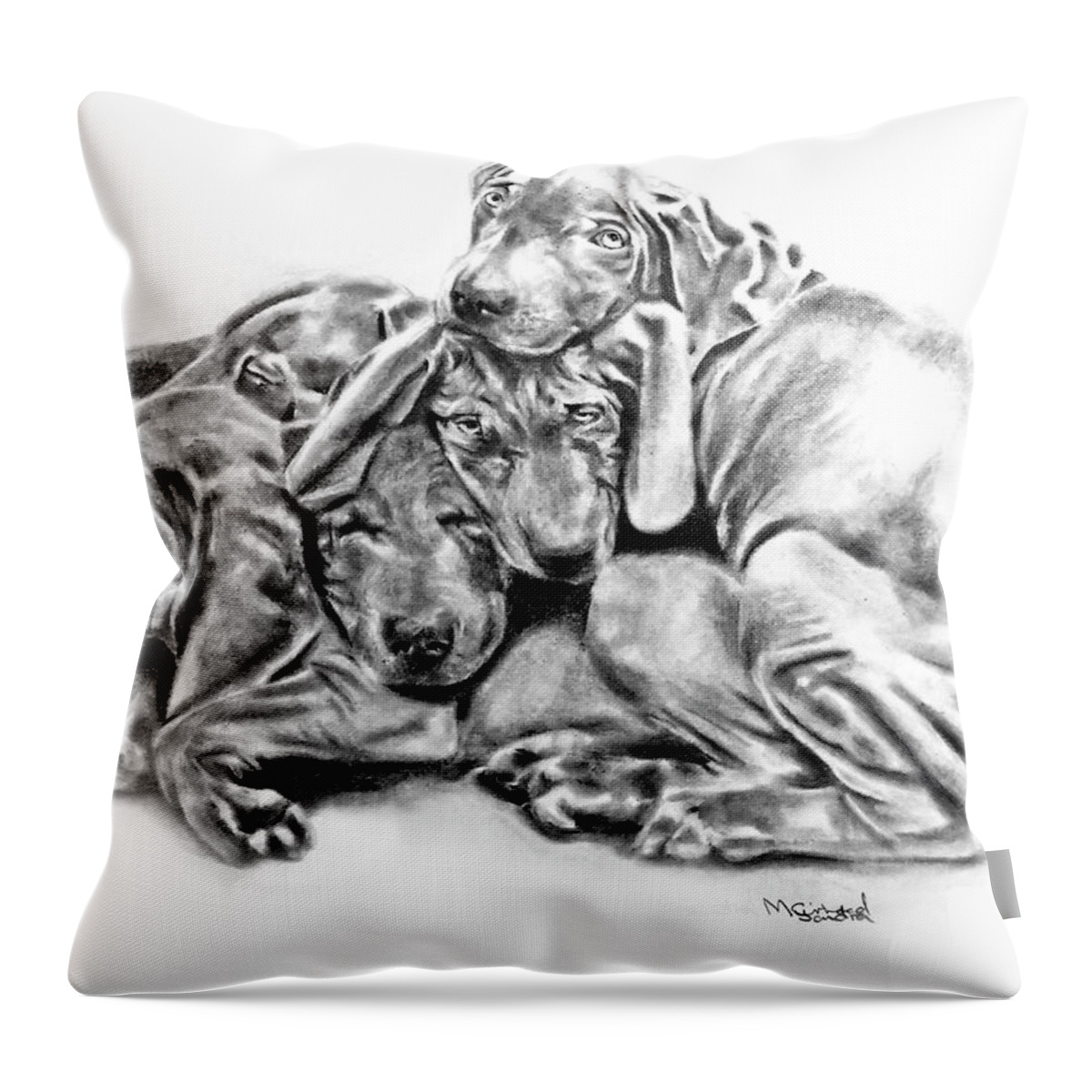 Mango's Pups Throw Pillow featuring the drawing Mango's pups #1 by Sandra Muirhead