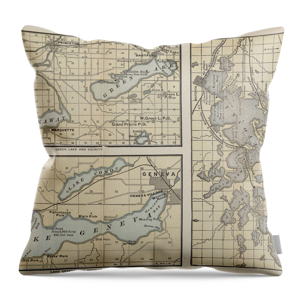 Train Maps Throw Pillow featuring the photograph Late 1800s Map of Lake Geneva and Vicinity by Chicago and North Western Historical Society