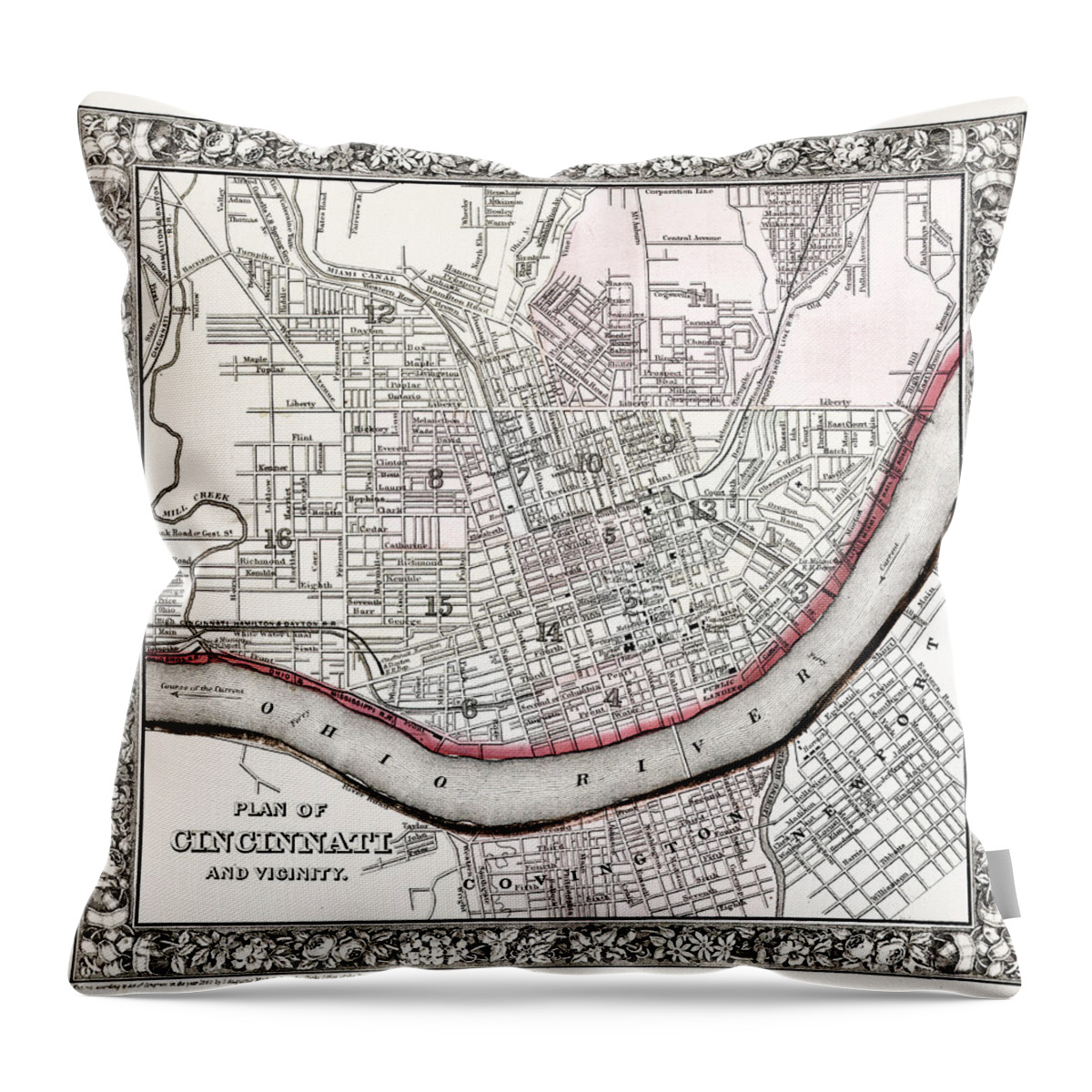 1864 Throw Pillow featuring the photograph Map Of Cincinnati Ohio 1864 #2 by Mountain Dreams