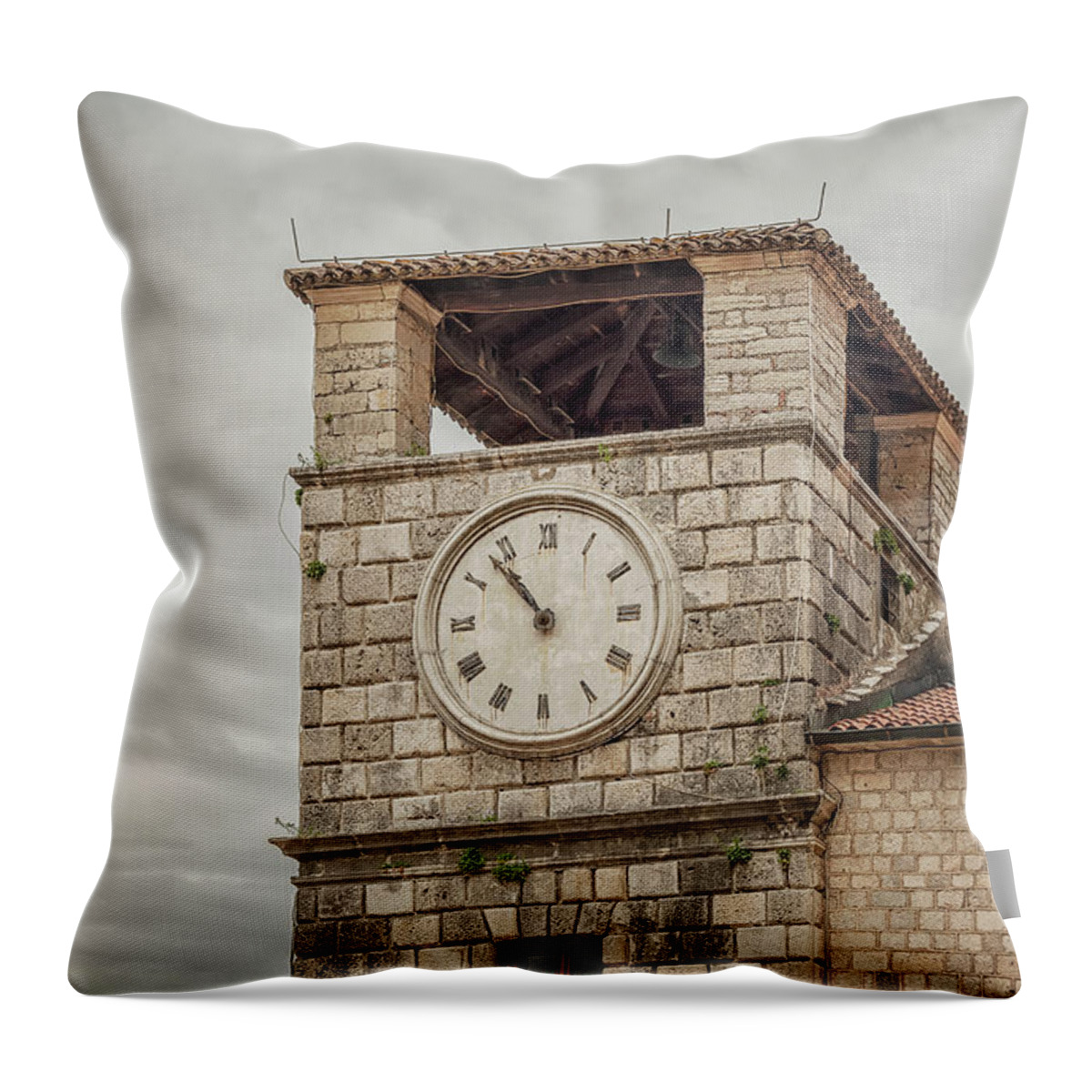 Kotor Throw Pillow featuring the photograph Montenegro Kotor Clock Tower #1 by Antony McAulay