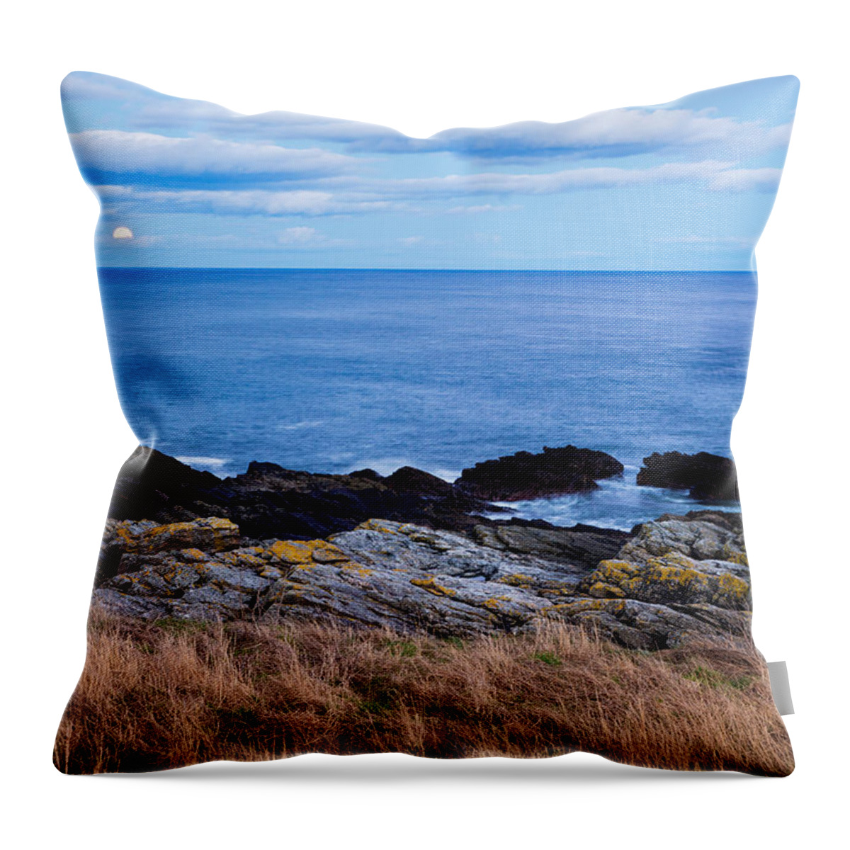 Portlethen Throw Pillow featuring the photograph Moon rising over sea at Portlethen, Scotland #1 by Ian Middleton