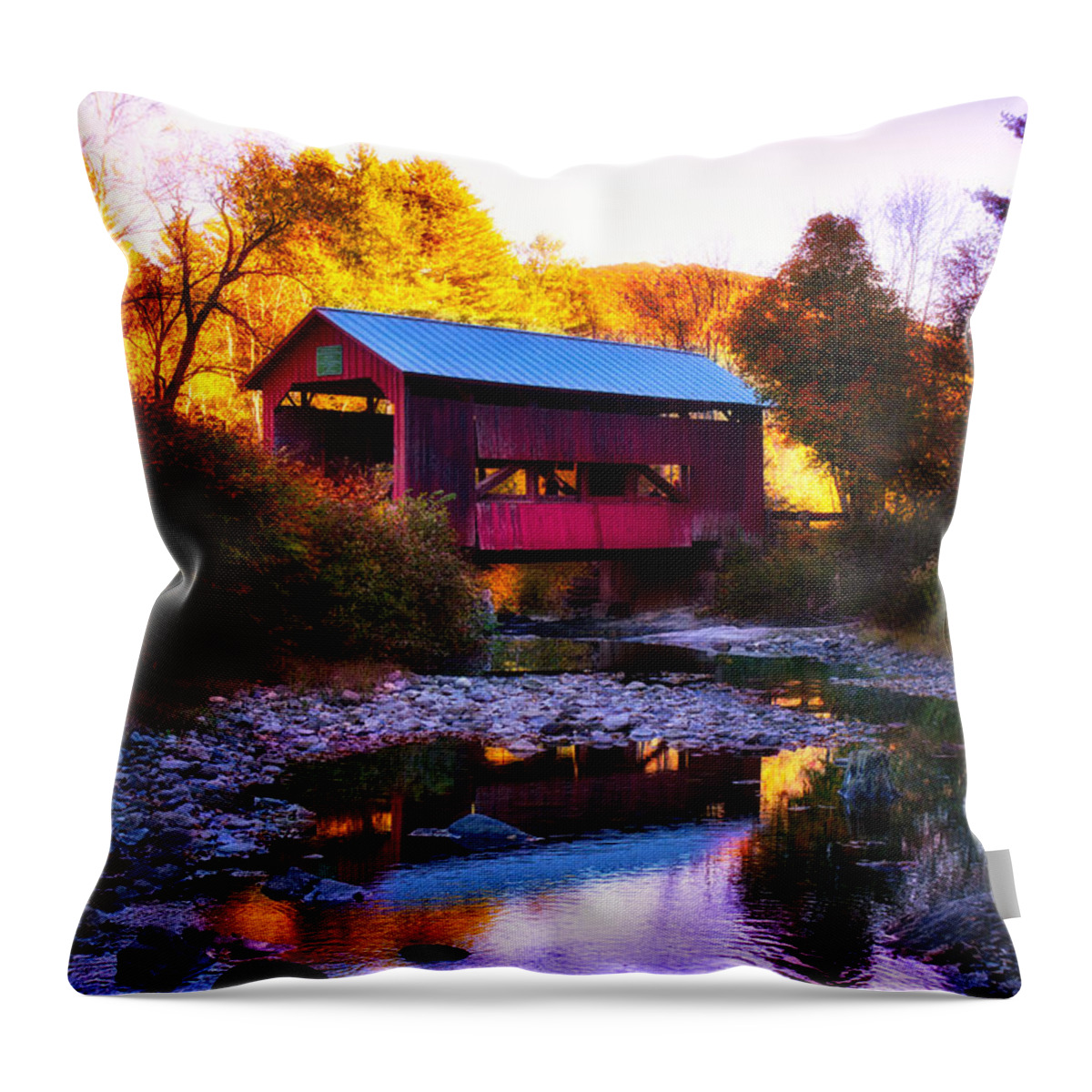 #vistaphotography Throw Pillow featuring the photograph New England fall foliage above Upper Cox covered bridge #1 by Jeff Folger