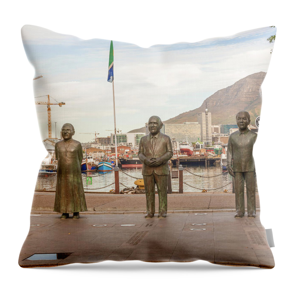 Bronze Throw Pillow featuring the photograph Nobel Square at waterfront in Cape Town with the four statues of #1 by Marek Poplawski