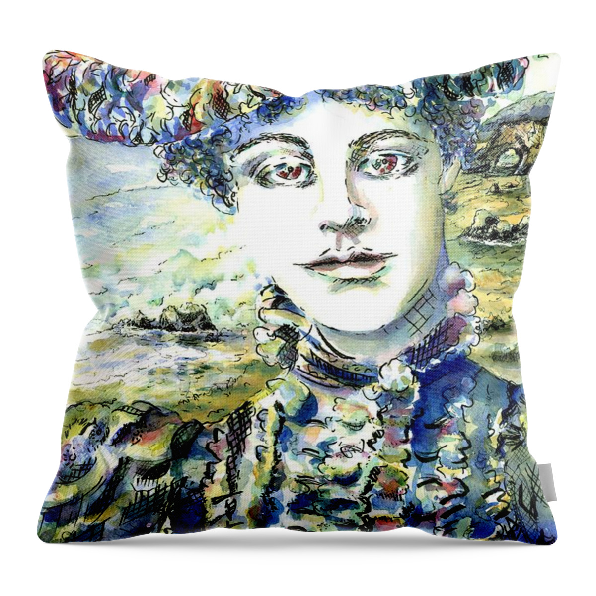 Watercolor And Ink Throw Pillow featuring the painting Nye Beach Babe #1 by Ann Nicholson