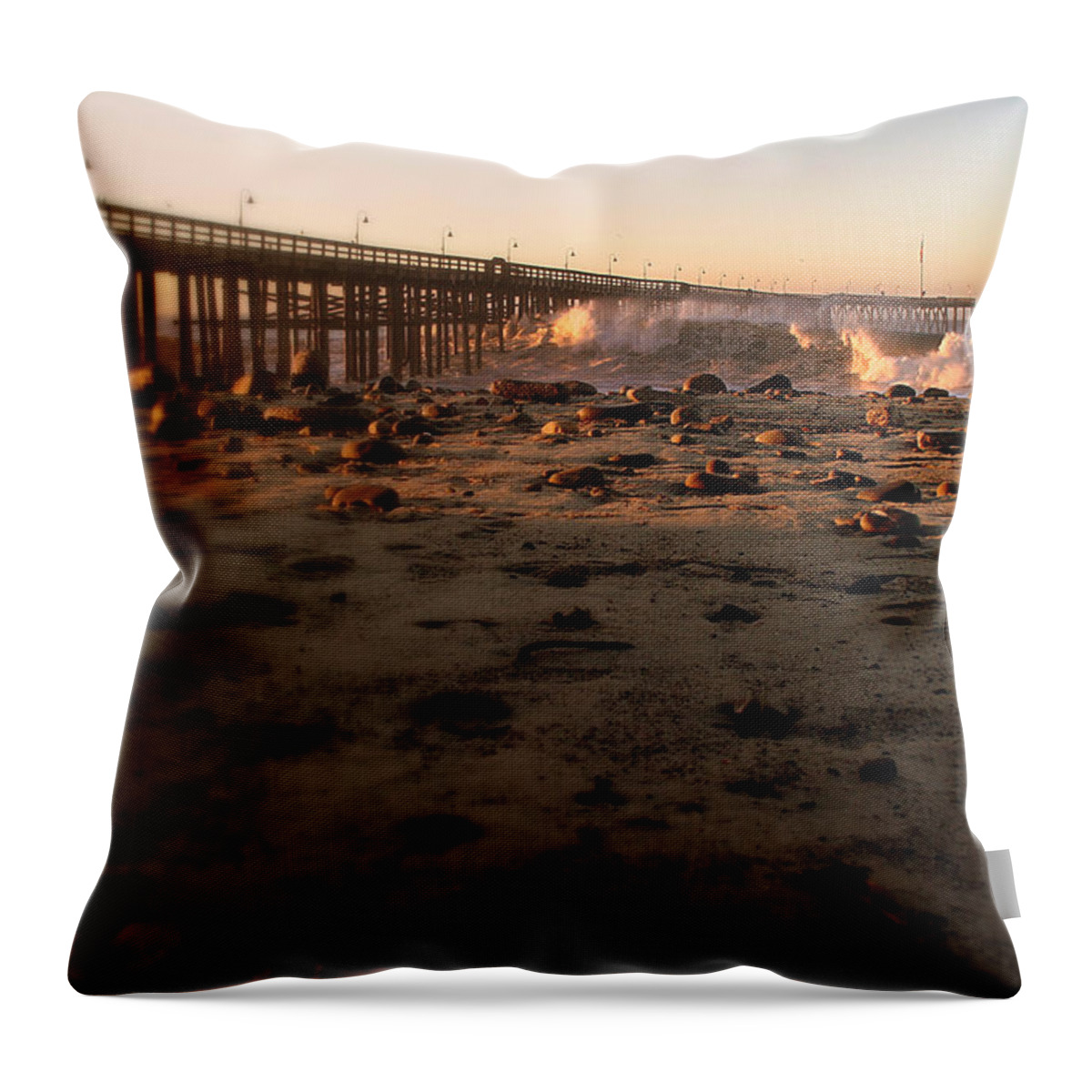 Storm Throw Pillow featuring the photograph Ocean Wave Storm Pier #1 by Henrik Lehnerer
