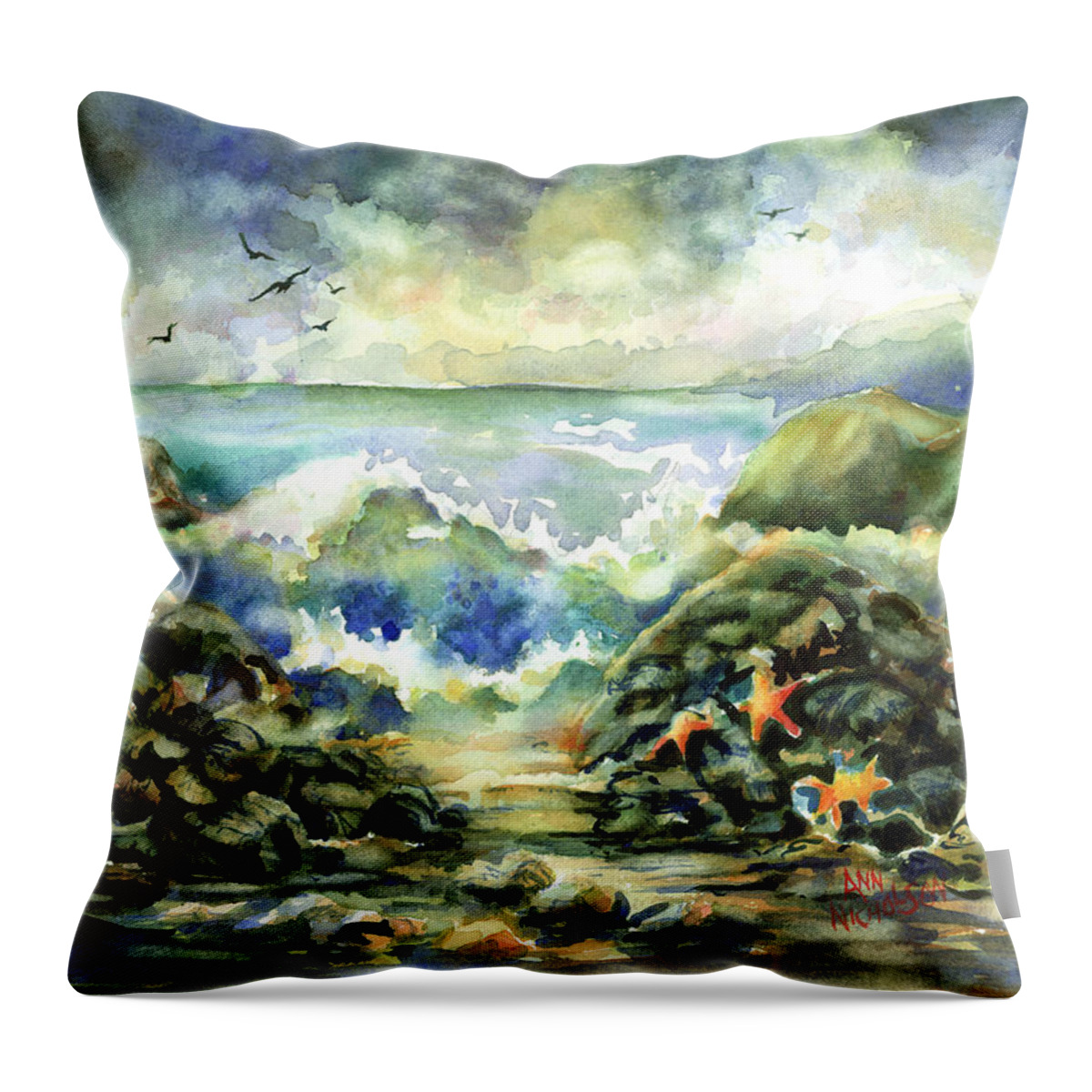 Watercolor Throw Pillow featuring the painting On The Rocks by Ann Nicholson
