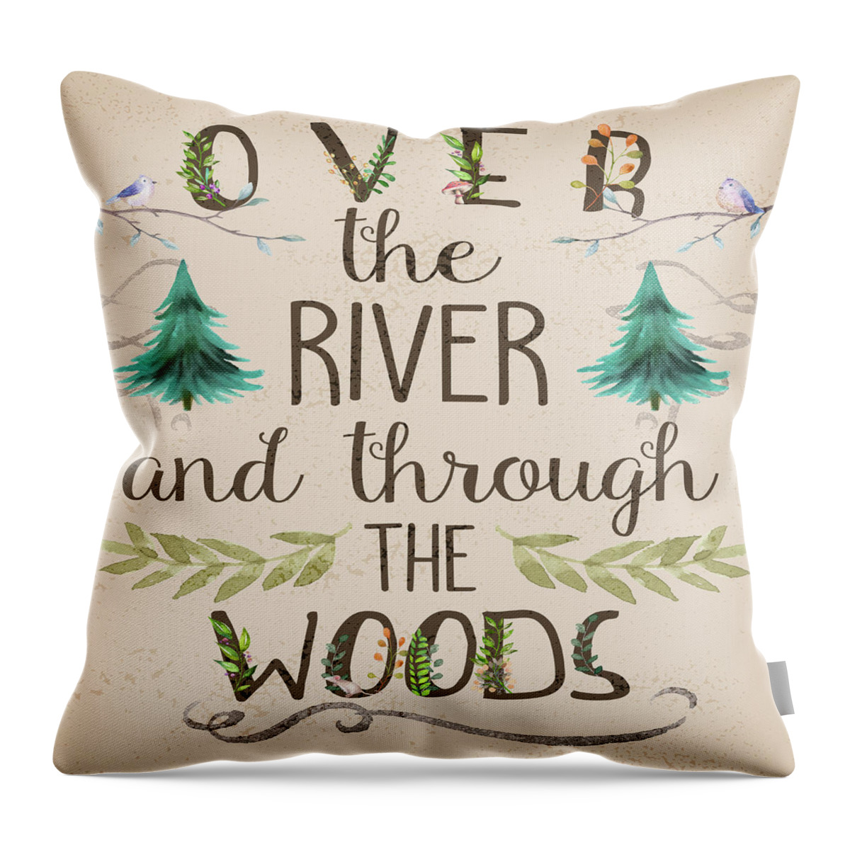 Over The River And Through The Woods Throw Pillow featuring the digital art Over The River And Through The Woods Woodland Art #1 by Pink Forest Cafe