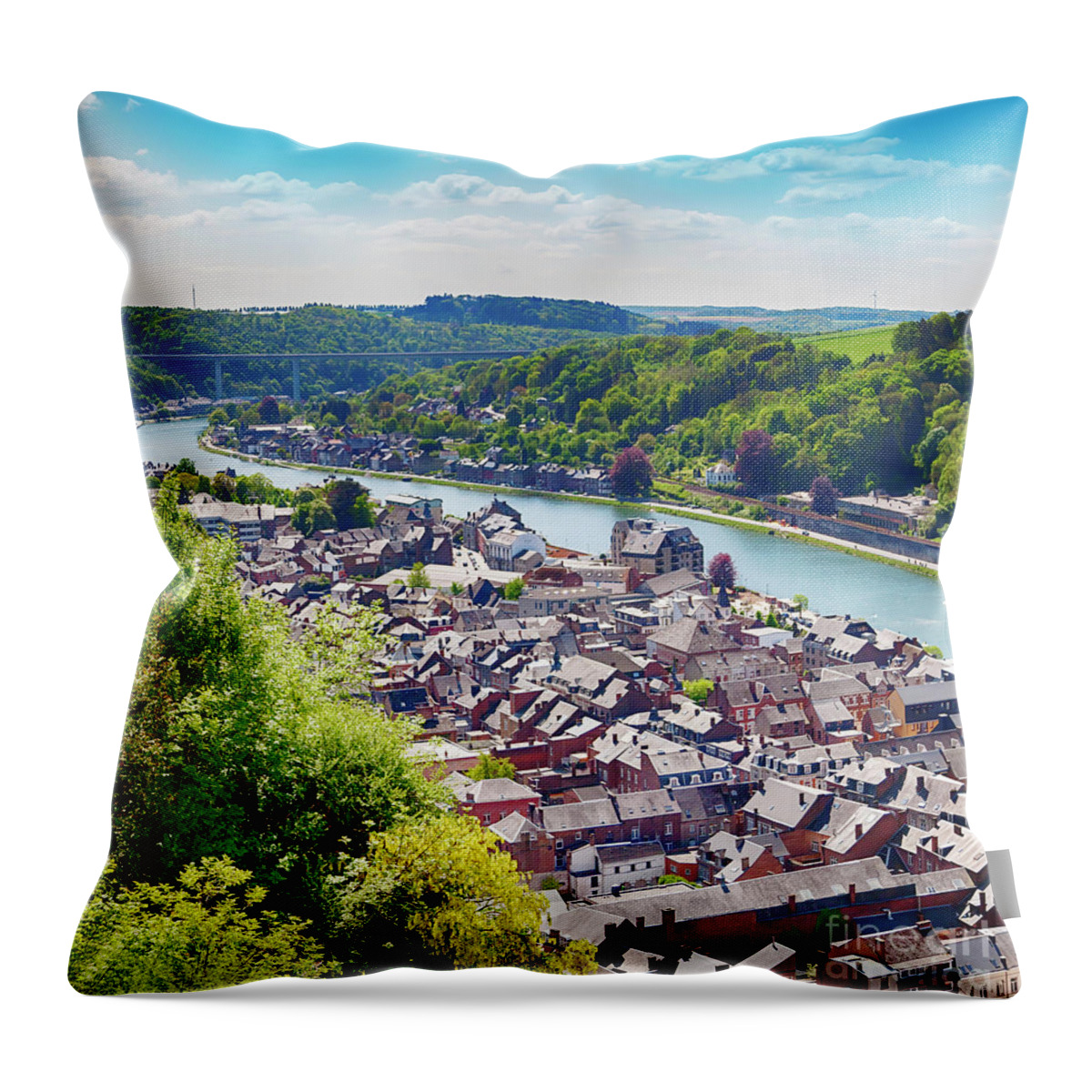 Agriculture Throw Pillow featuring the photograph panorama of town Dinant #1 by Ariadna De Raadt