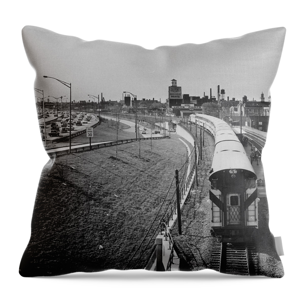 Passenger Cars Throw Pillow featuring the photograph Passenger Train at Clybourn Junction - 1962 by Chicago and North Western Historical Society