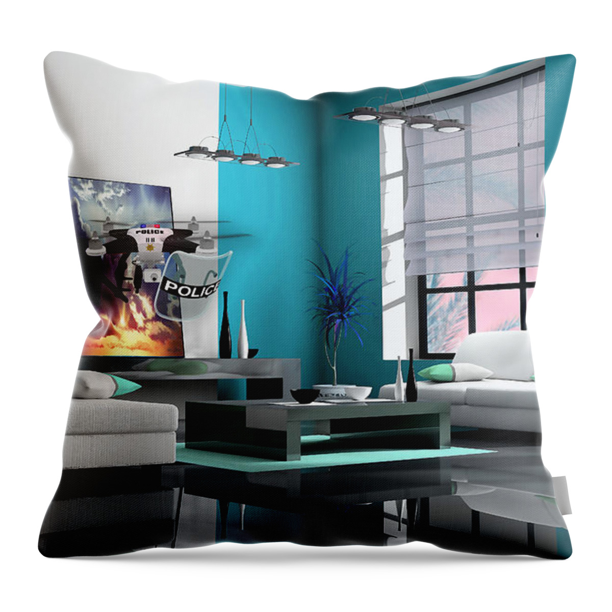 Airplane Throw Pillow featuring the mixed media Police Drone Art #1 by Marvin Blaine