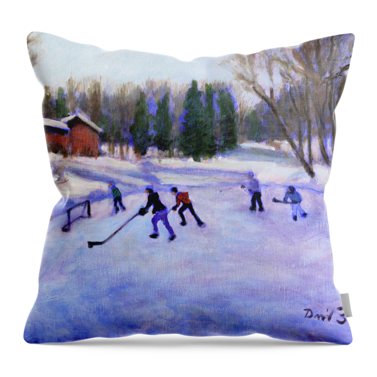 Pick Up Hockey Game Throw Pillow featuring the painting Pond Rockets #1 by David Zimmerman