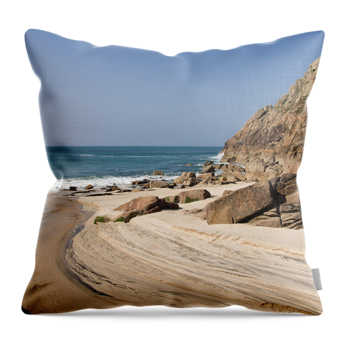 Portheras Throw Pillow featuring the photograph Portheras beach in NW Cornwall #1 by Pete Hemington