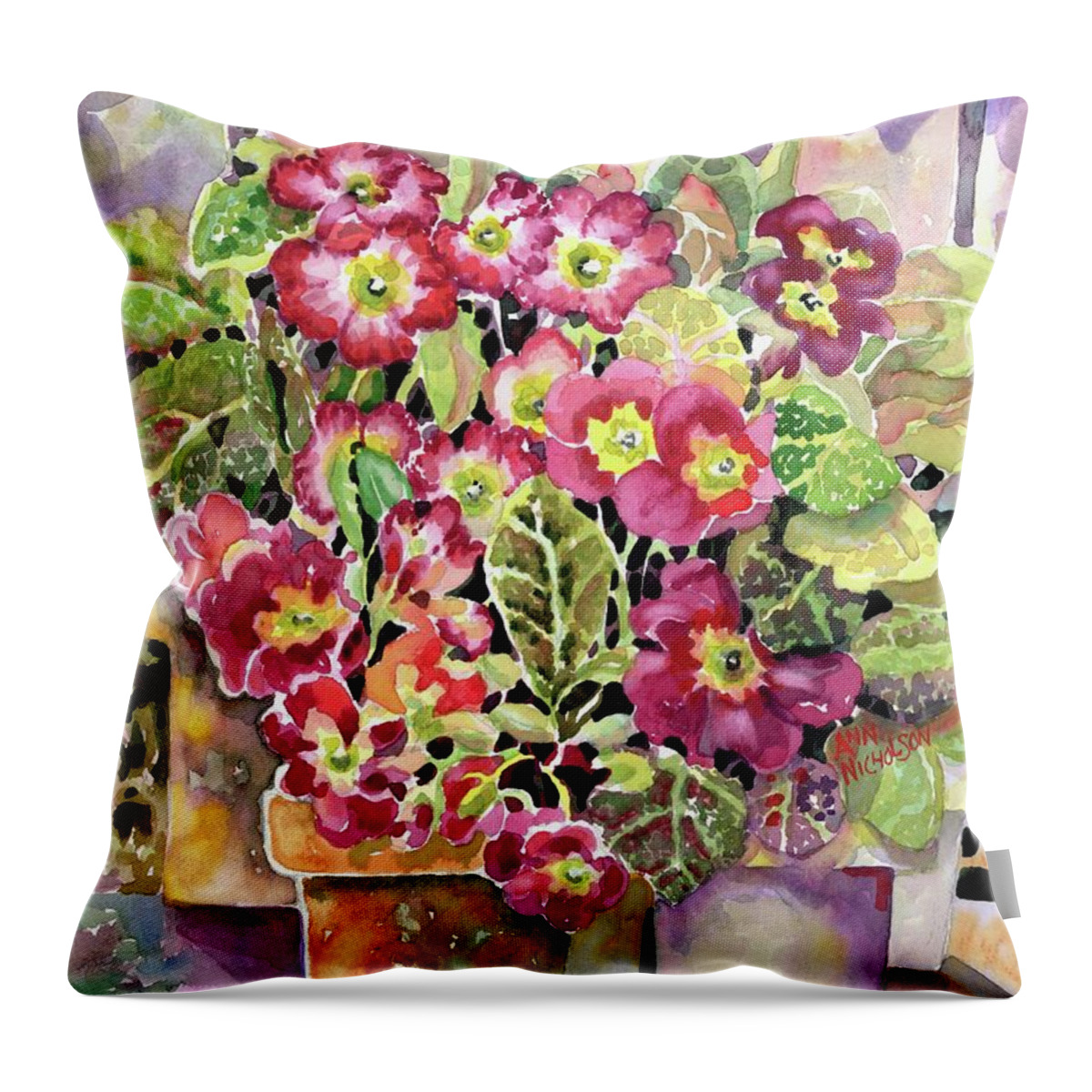 Watercolor Throw Pillow featuring the painting Primroses In Pots #1 by Ann Nicholson